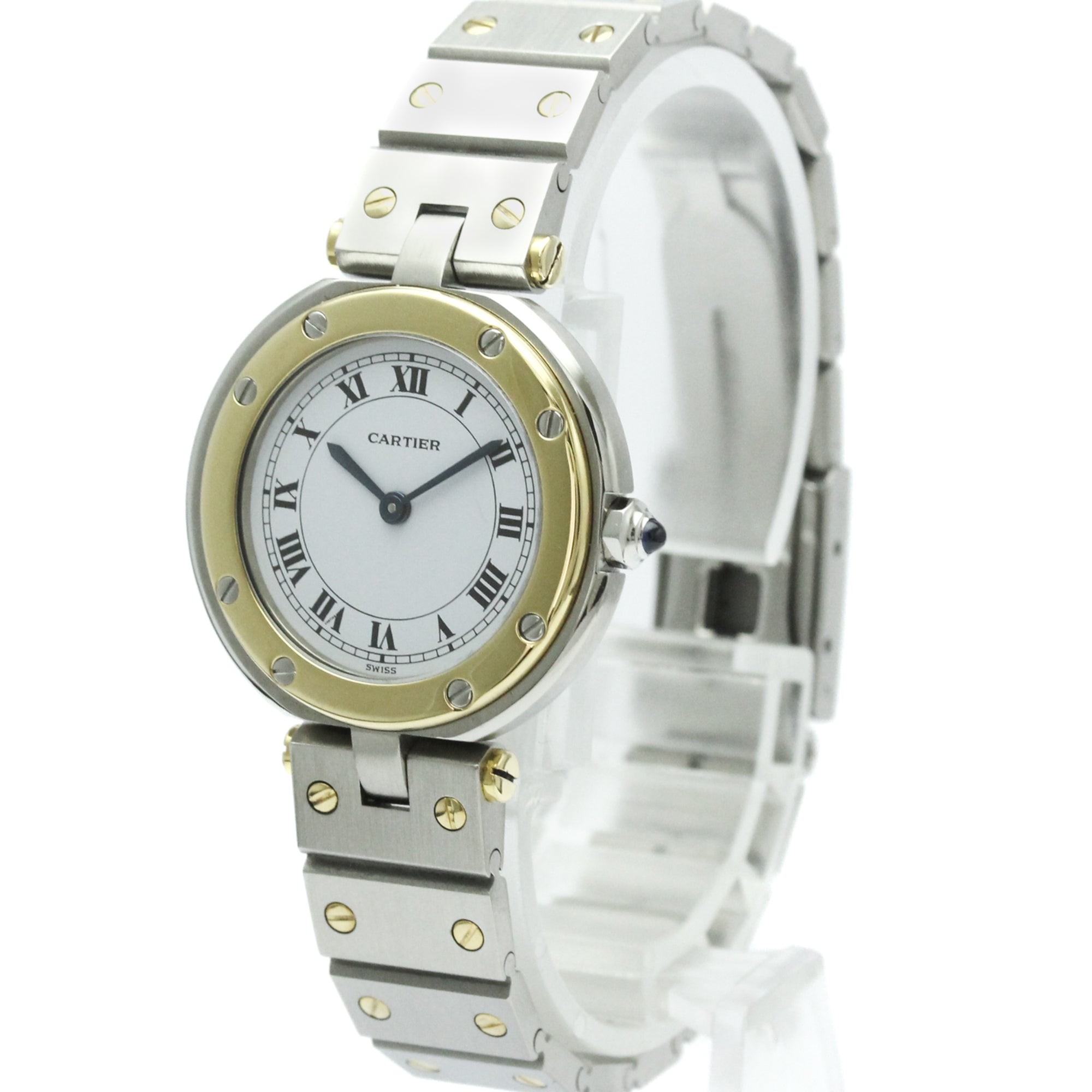 CARTIER Santos Round 18K Gold Steel Quartz Ladies Watch Polished