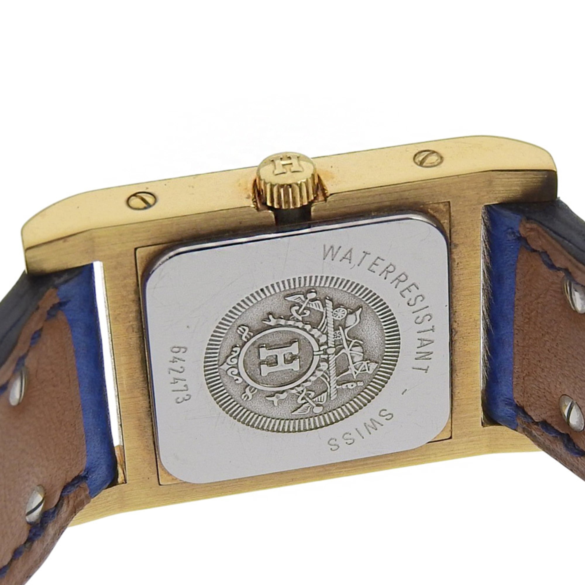 Montre Hermès Medor, plaquée or et cuir, modèle 1994, Quartz, analogique, cadran Blanc, pour femme.