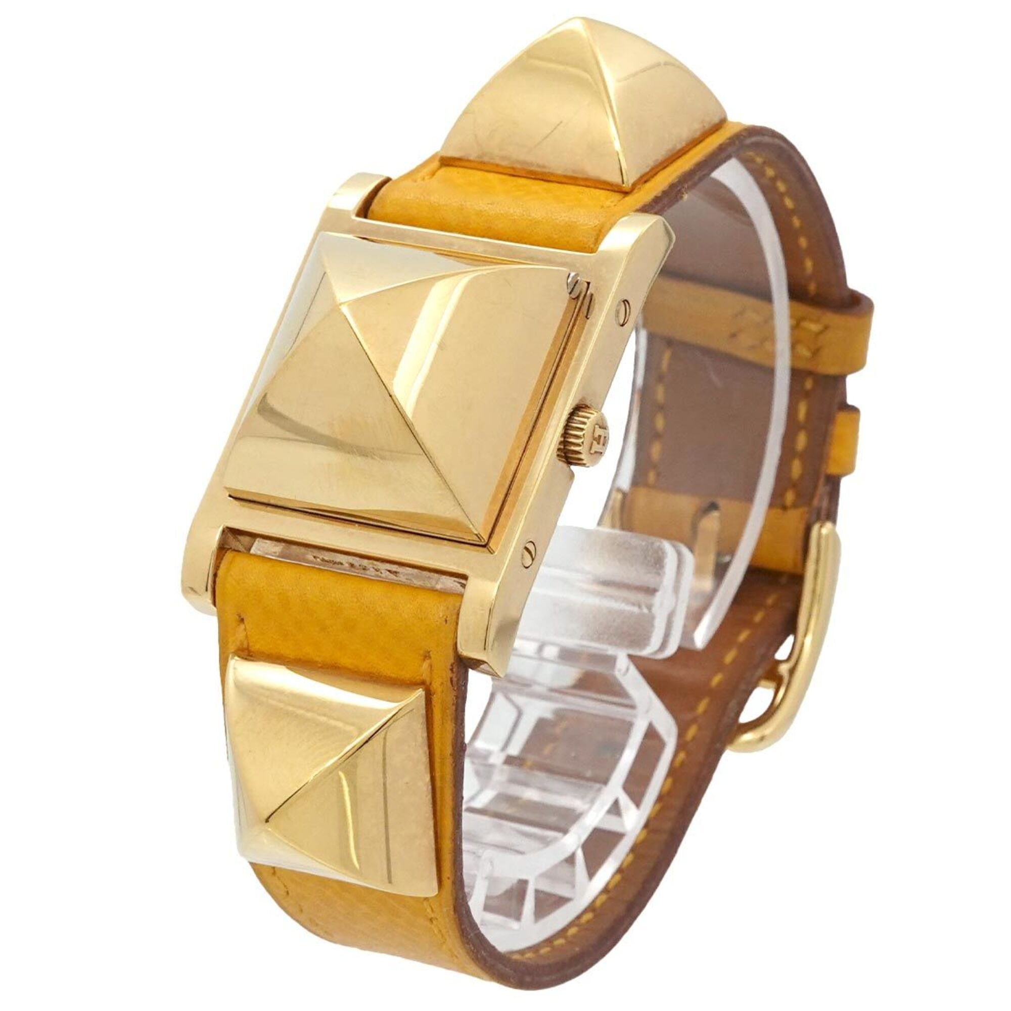 Hermes Medor Women's Watch, Pyramid Design, Gold Studs, White and Yellow Leather Strap, Quartz Movement.