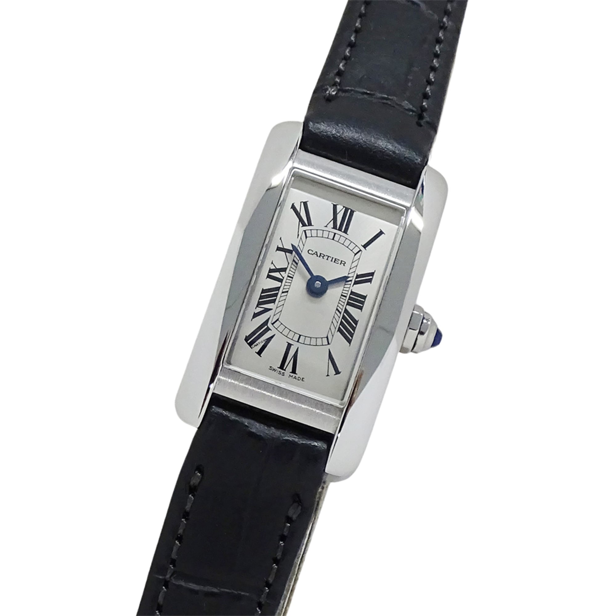 Cartier women's watch, Tank American Mini, quartz, stainless steel strap, leather square shape (WSTA0032).