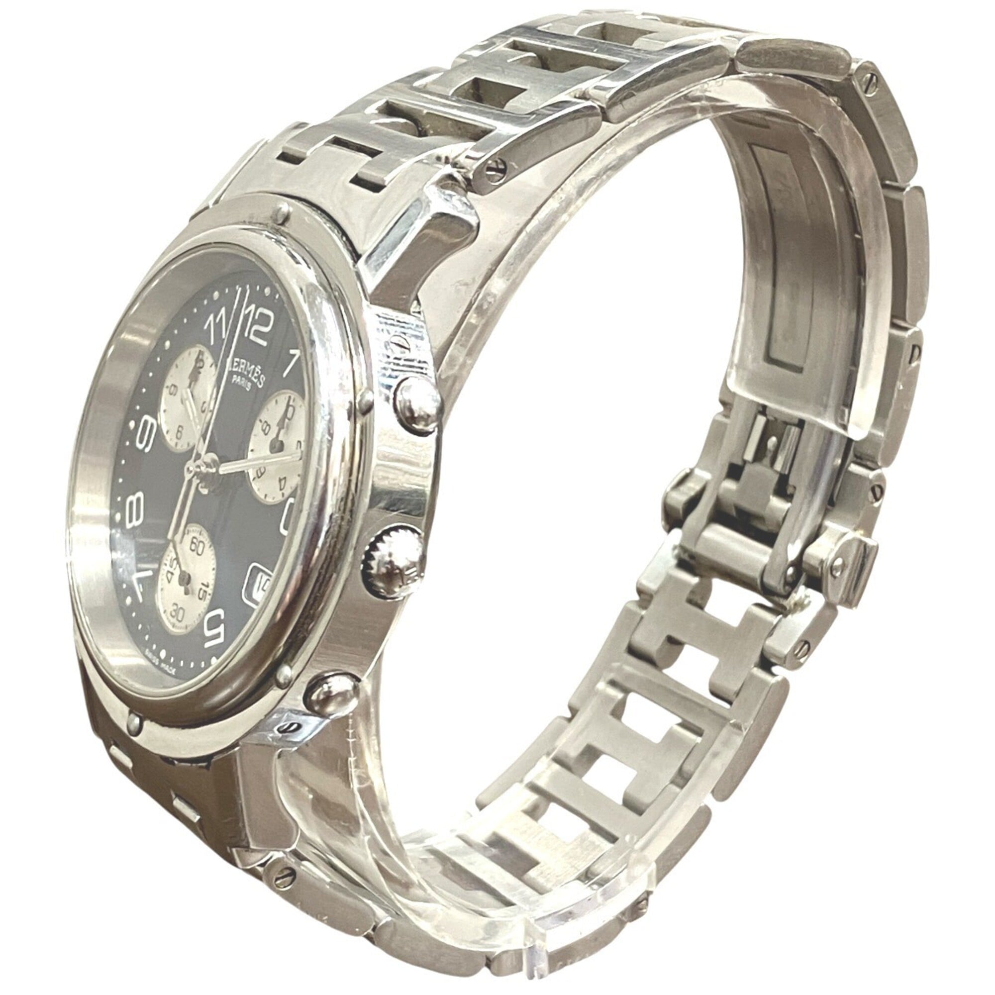 Hermes Clipper watch, total weight 102.4g, stainless steel, quartz movement, navy dial, CL1.910