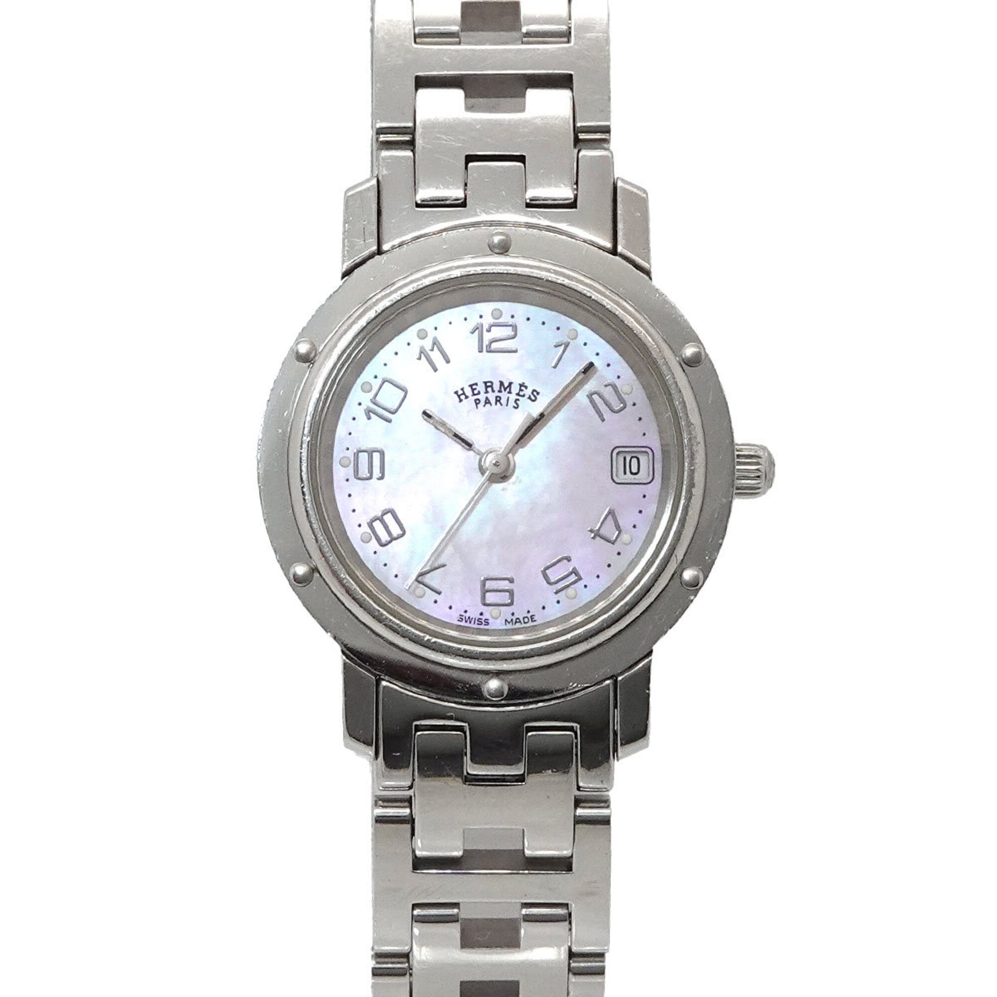 Hermes Clipper Nacre CL4 210 Wo Date Display Pink Shell Quartz