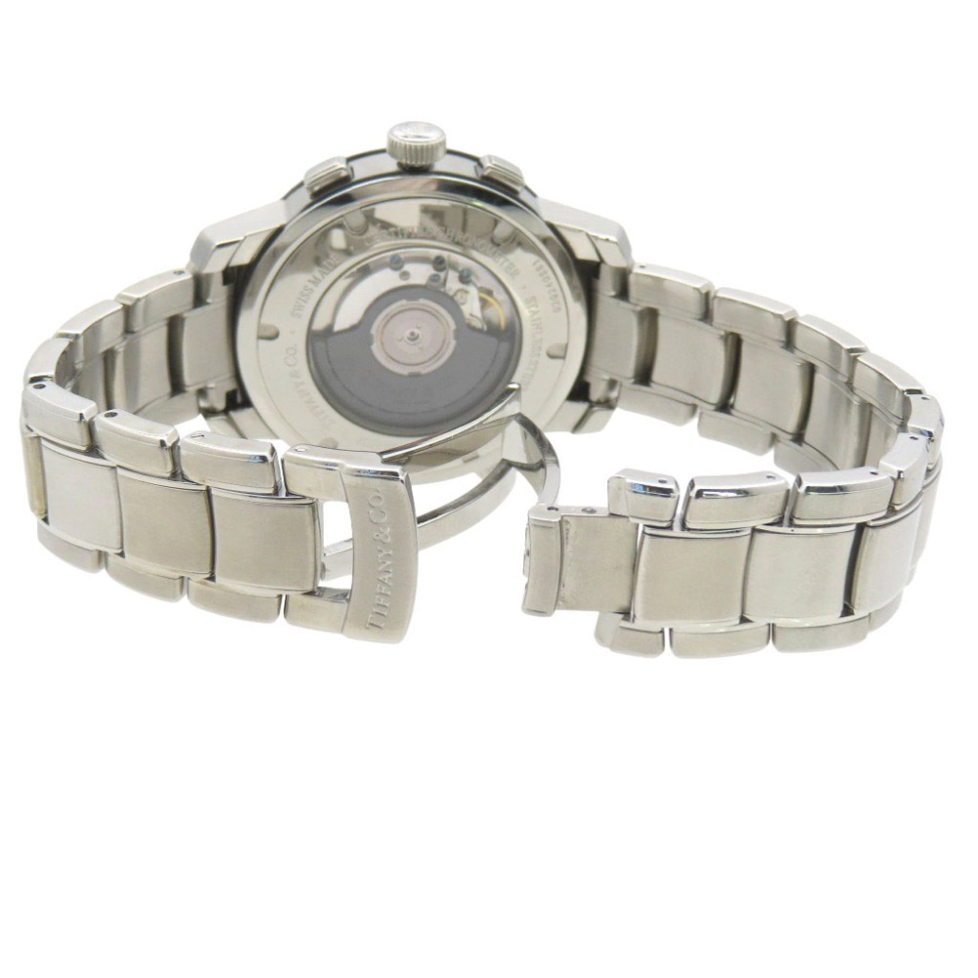 Tiffany & Co. T-57 chronograafhorloge met doorzichtige achterkant, automatisch, roestvrij staal, grijs, 0201, TIFFANY Co., heren