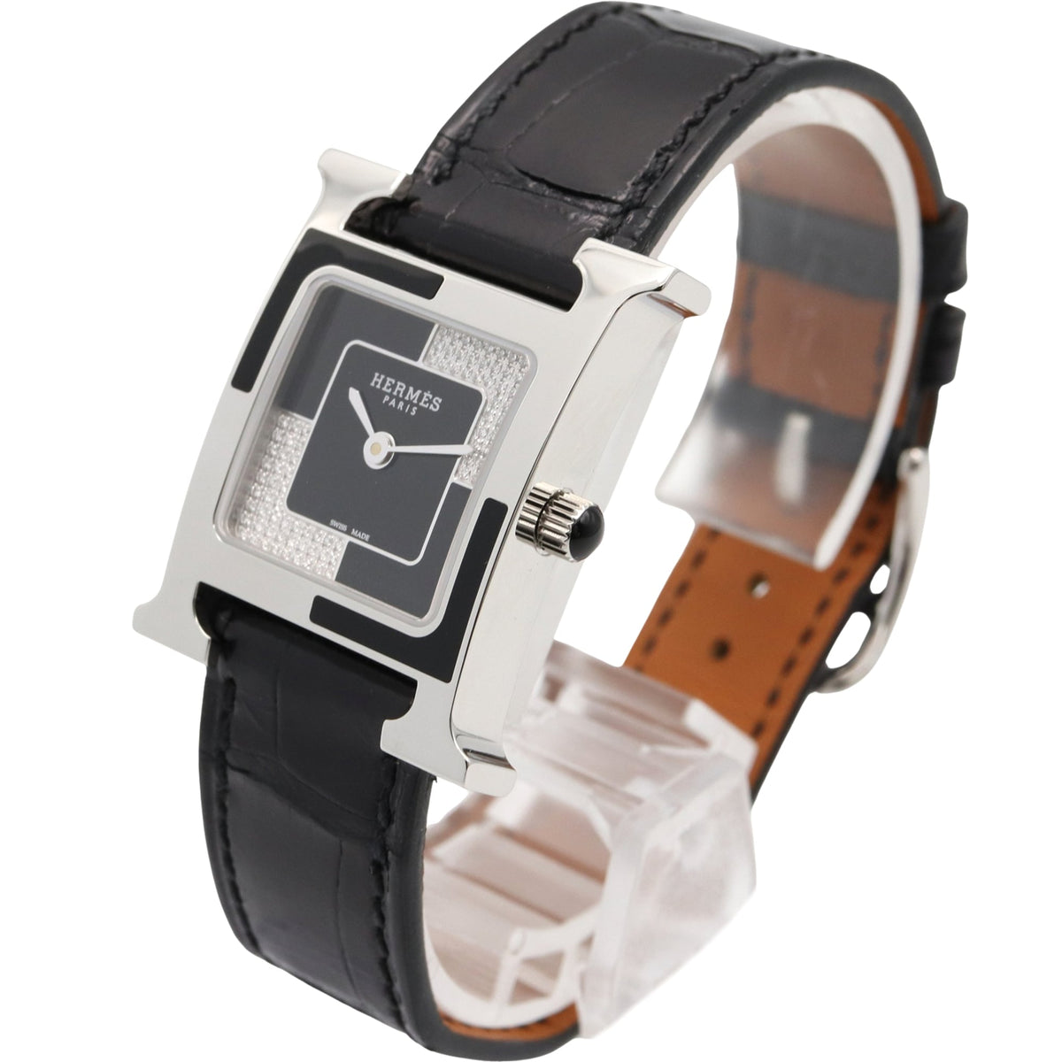 Hermes H- O Carre Small Diamond HH4.221 Black, Silver Dial 21mm Watch