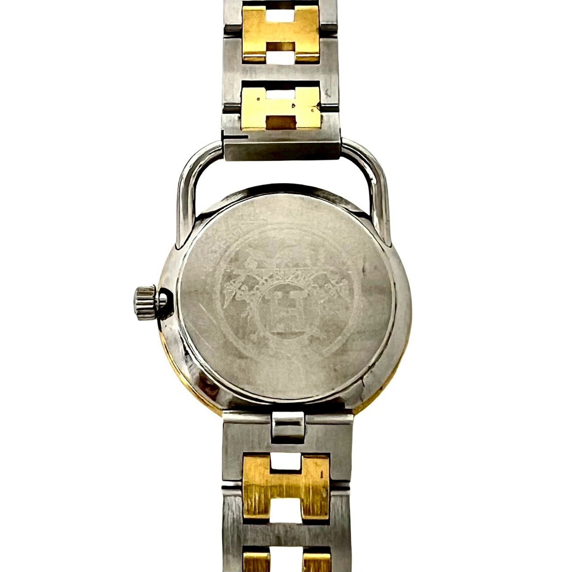HERMES Arceau H Logo Belt Stainless Steel GP Quartz Wristwatch Silver Gold 34591