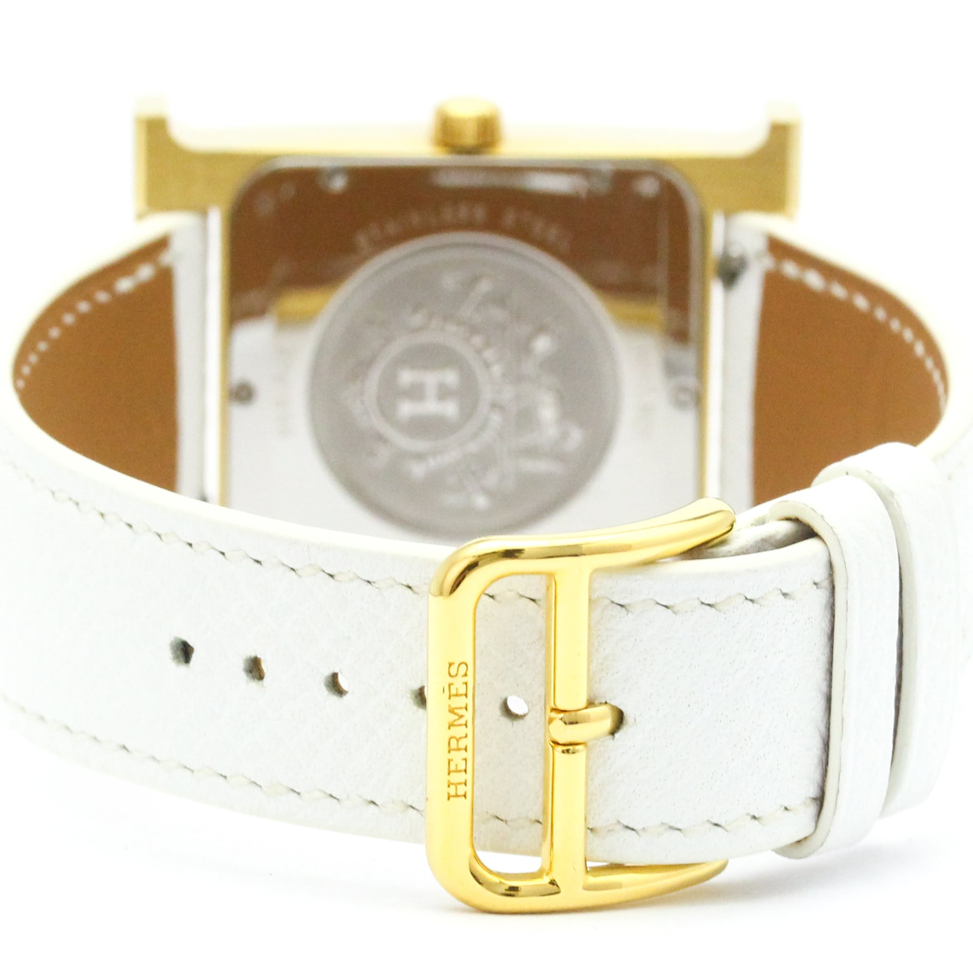 HERMES H Watch Gold Plated Leather Quartz Mens Watch HH1.801