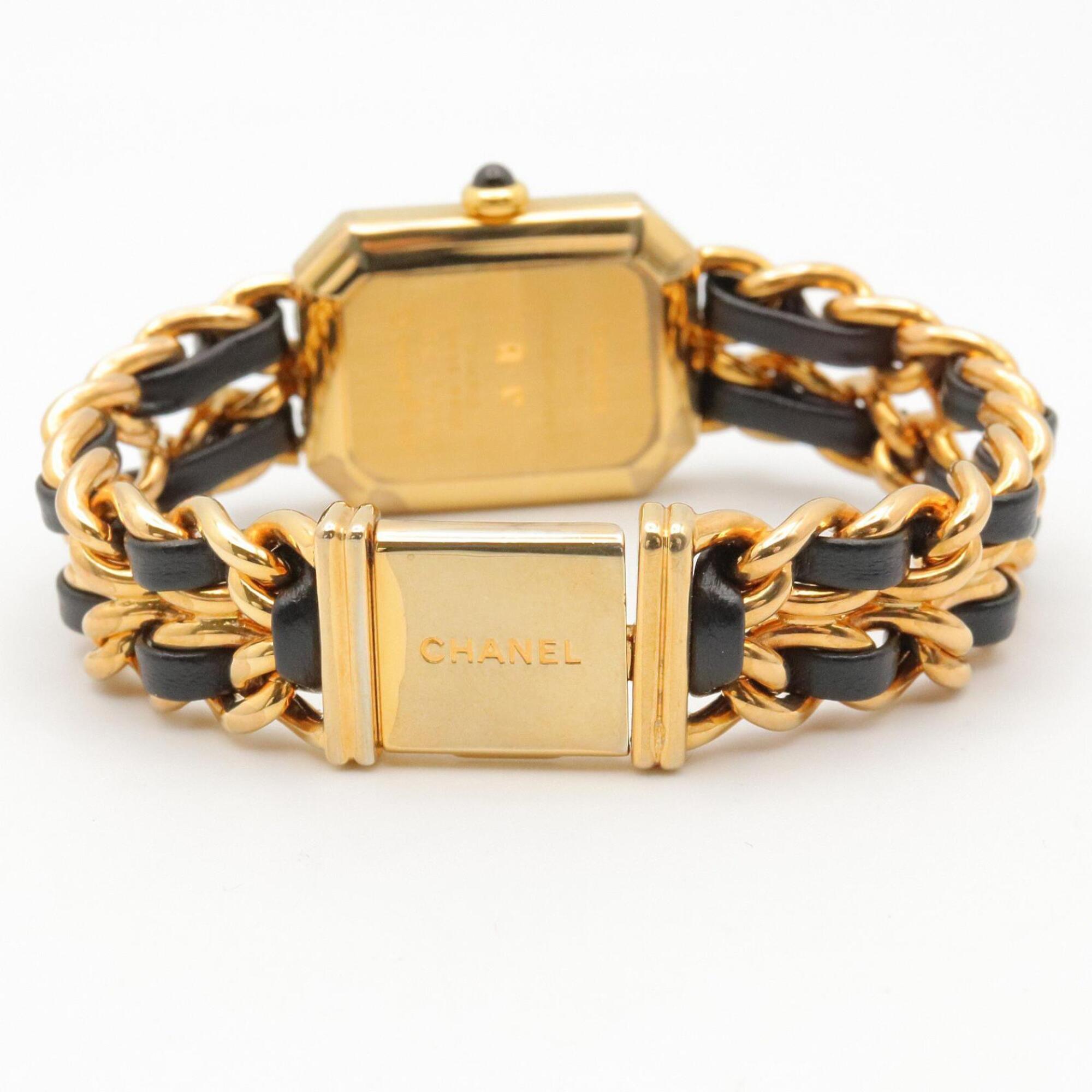 Chanel CHANEL Première S Watch, Gold Plated (GP), Leather Strap, Women's, Black, H0001