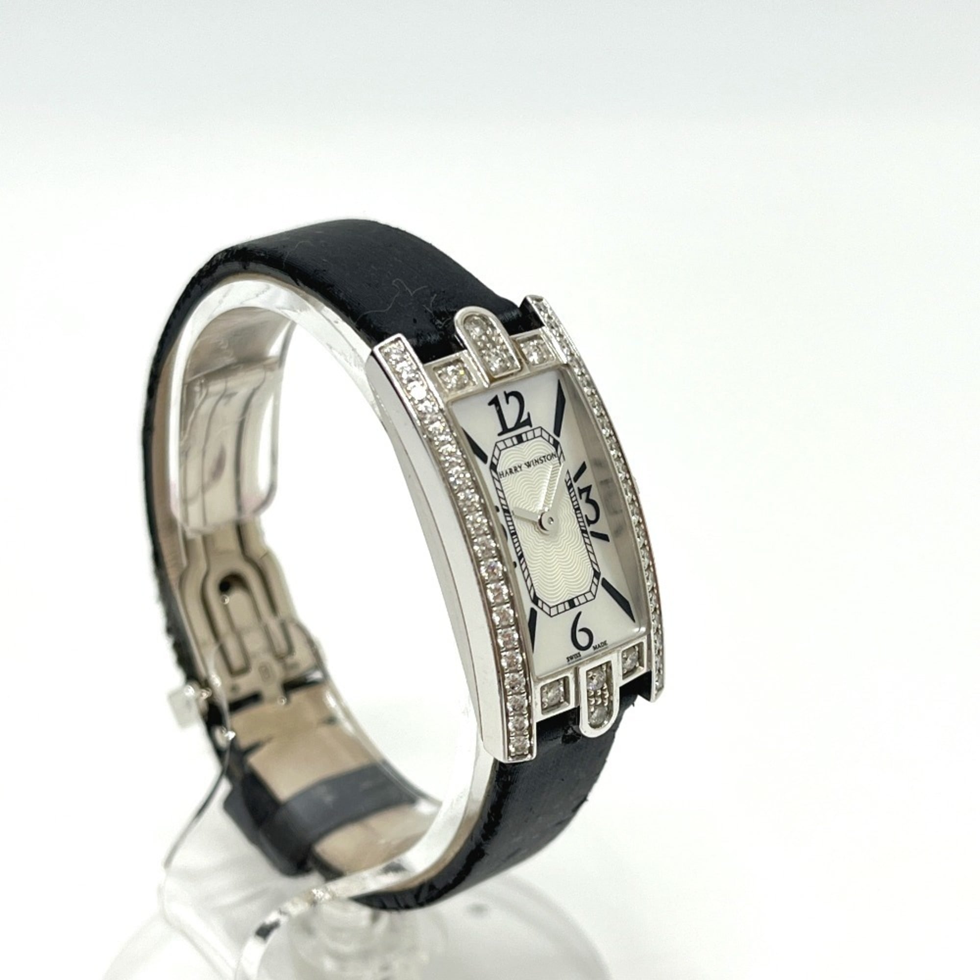 HARRY WINSTON Avenue C Mini-Uhr (AVCQHM16WW024) mit echten Diamanten, Muschelgehäuse und QuarzUhrwerk, 18KWG, Damenuhr, Silber
