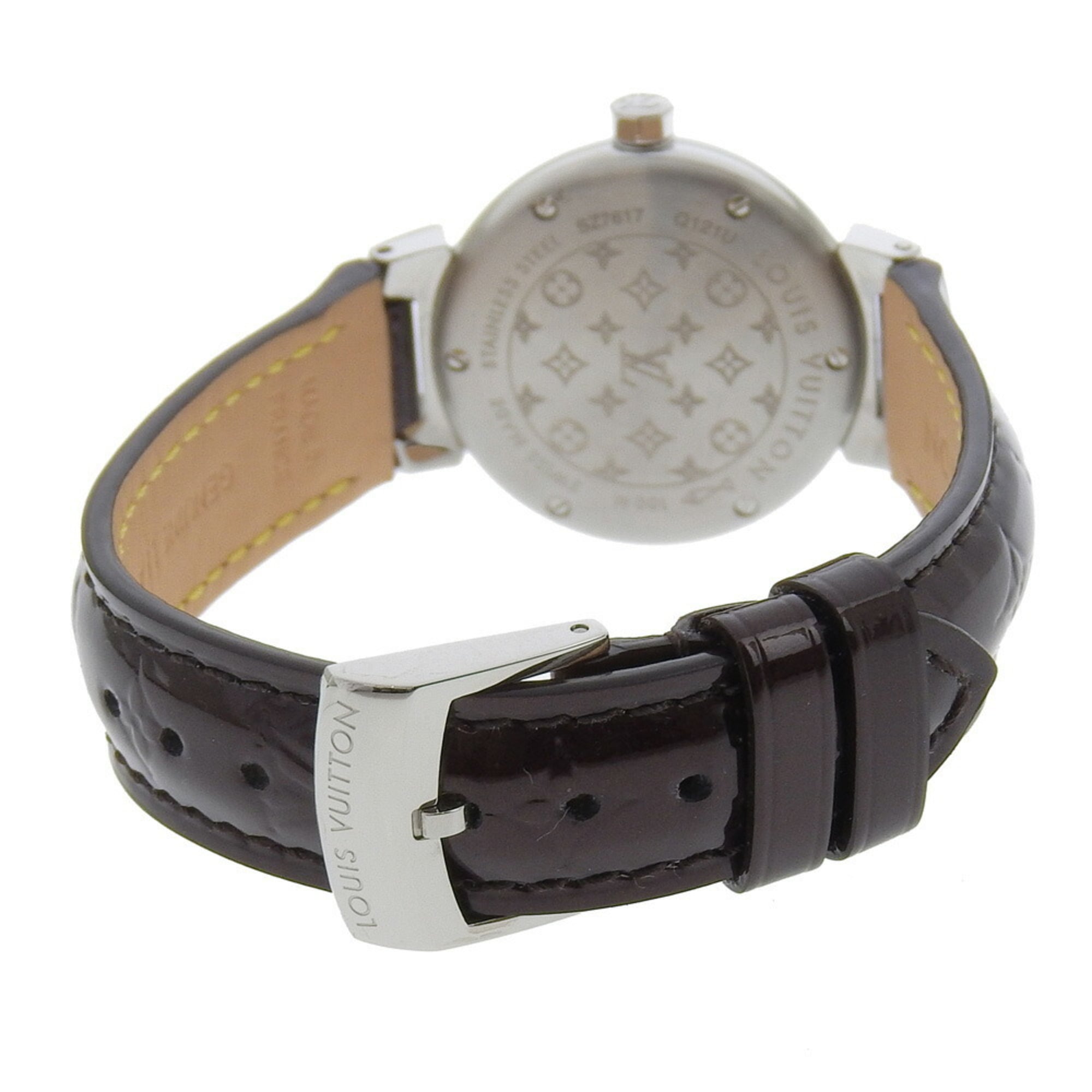 Louis Vuitton Tambour Uhr „Disc Diamant Amarante“ Q121U, Edelstahl x Monogram Vernis, DiamantQuarz analoge Anzeige, amarantfarbenes Zifferblatt, Damenuhr