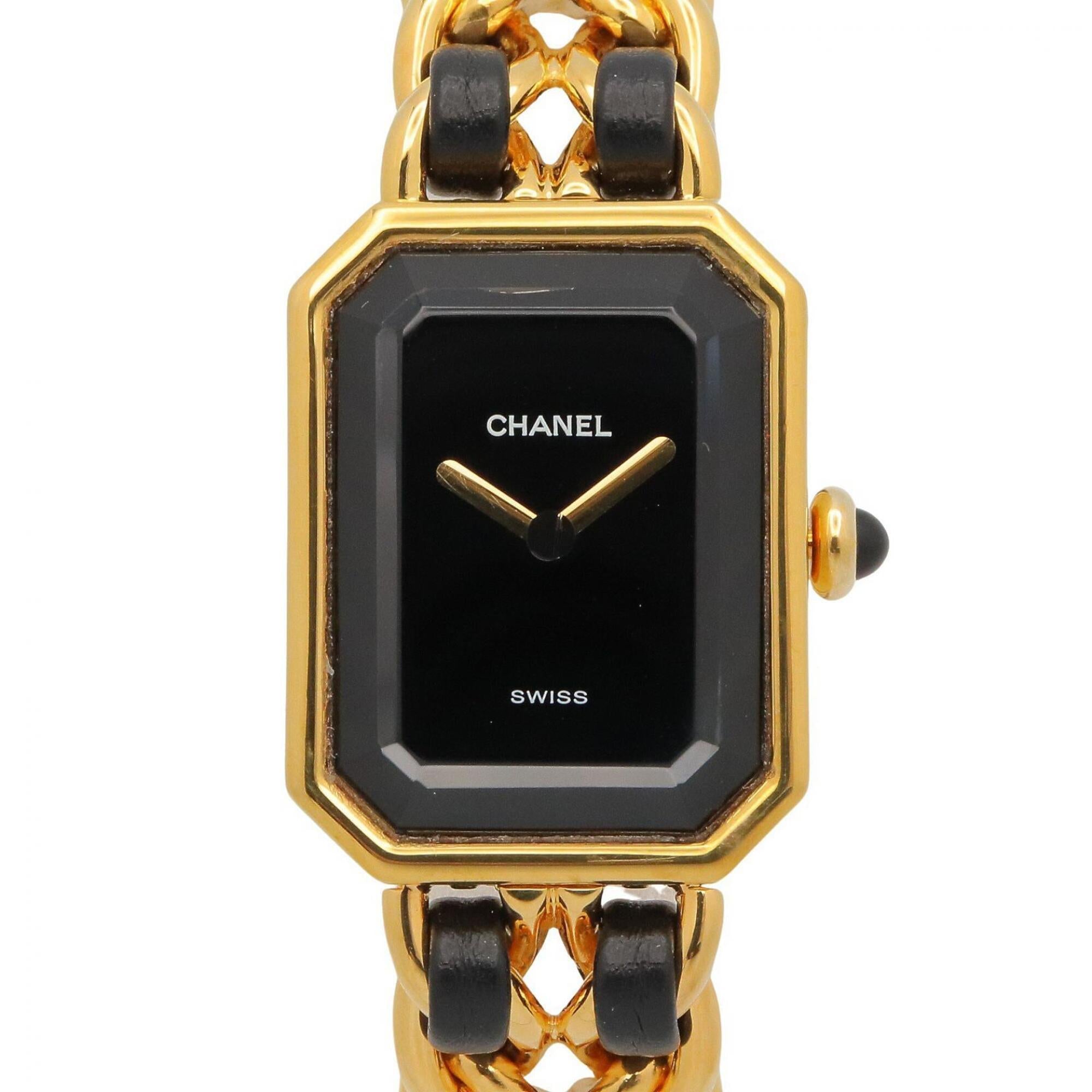 Chanel CHANEL Première S Watch, Gold Plated (GP), Leather Strap, Women's, Black, H0001