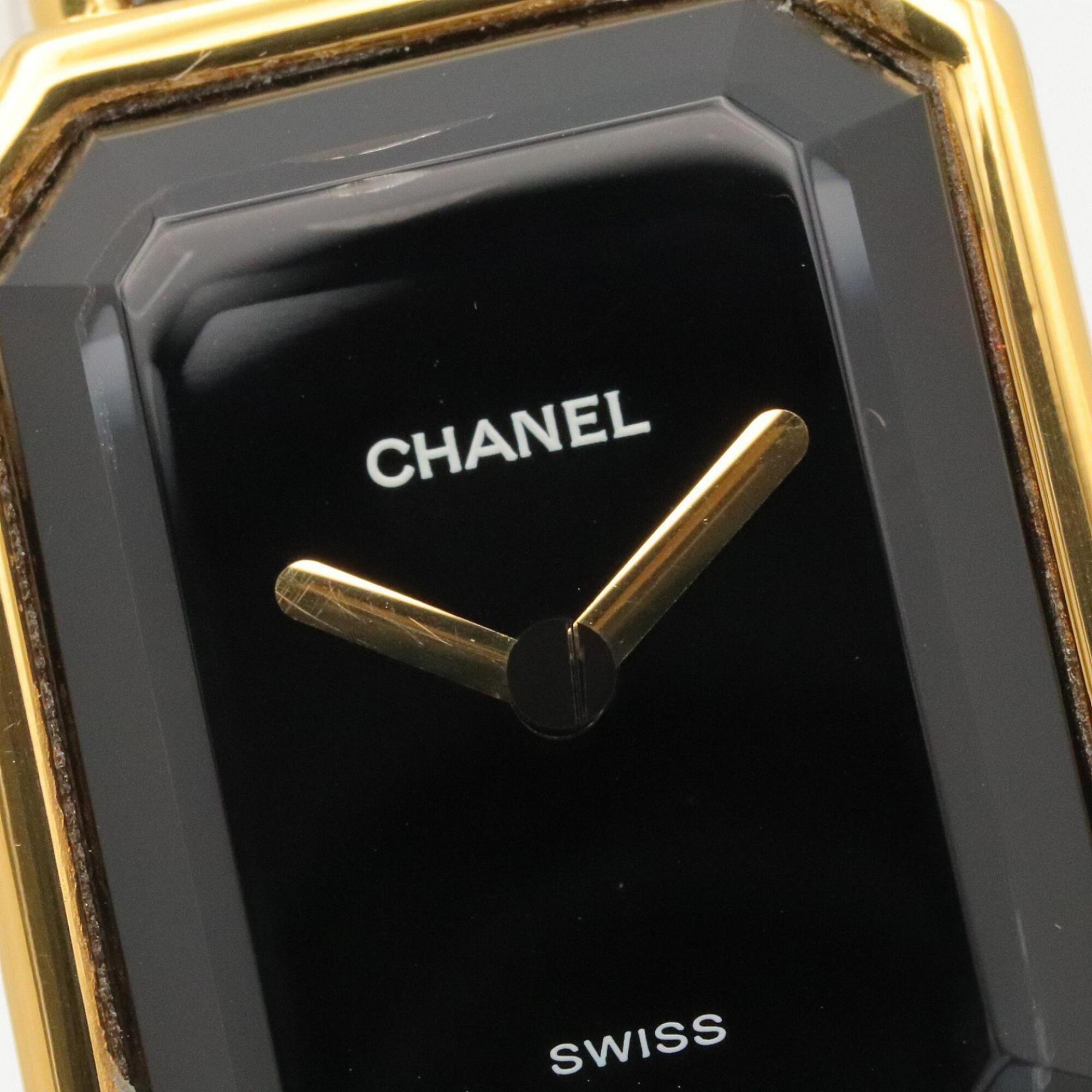 Montre Chanel CHANEL Première S, plaquée or (GP), bracelet en cuir, pour femme, Noir, H0001