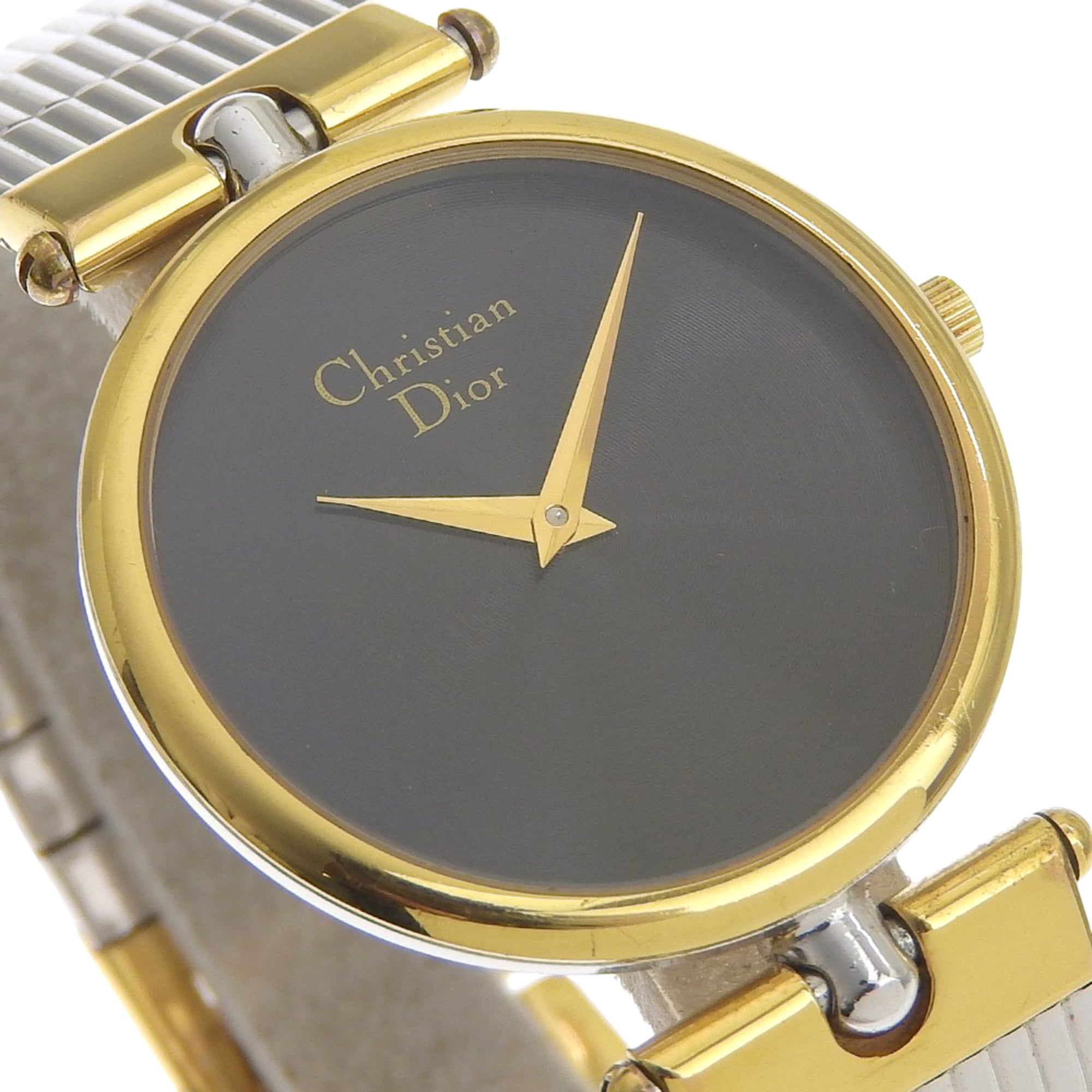 Christian Dior-horloge 3026, roestvrij staal met verguld zilver, quartz uurwerk, analoge wijzerplaat, zwarte wijzerplaat, damesmodel