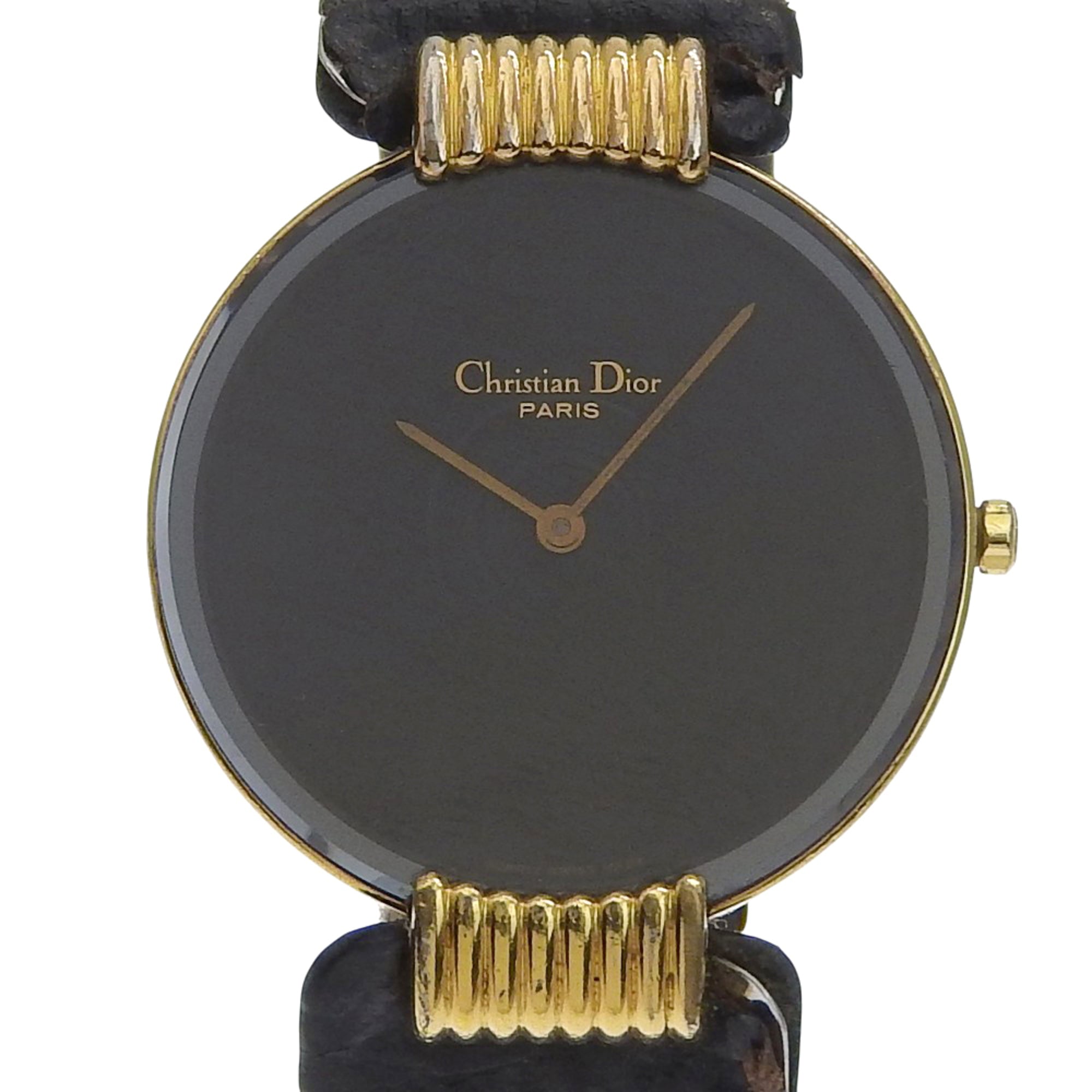 Christian Dior Bakira Watch 47.153-4 Gold Plated x Leather Strap Quartz Analog Black Dial Women's