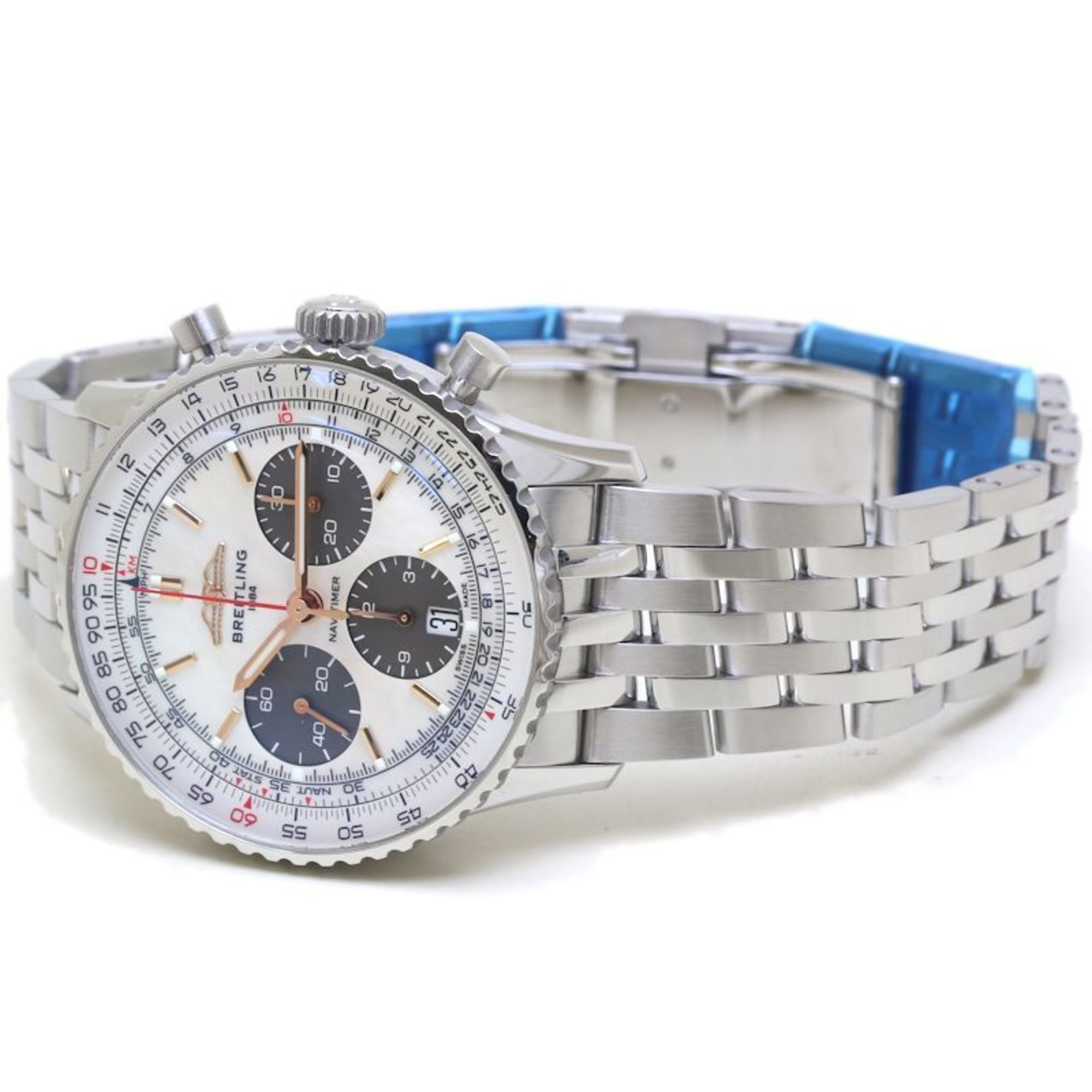Montre Pour Hommes BREITLING Navitimer B01 Chronographe 41 AB0139211A1A1 AB0139 « Blanc Shell », Édition Limitée au Japon, acier inoxydable 40104