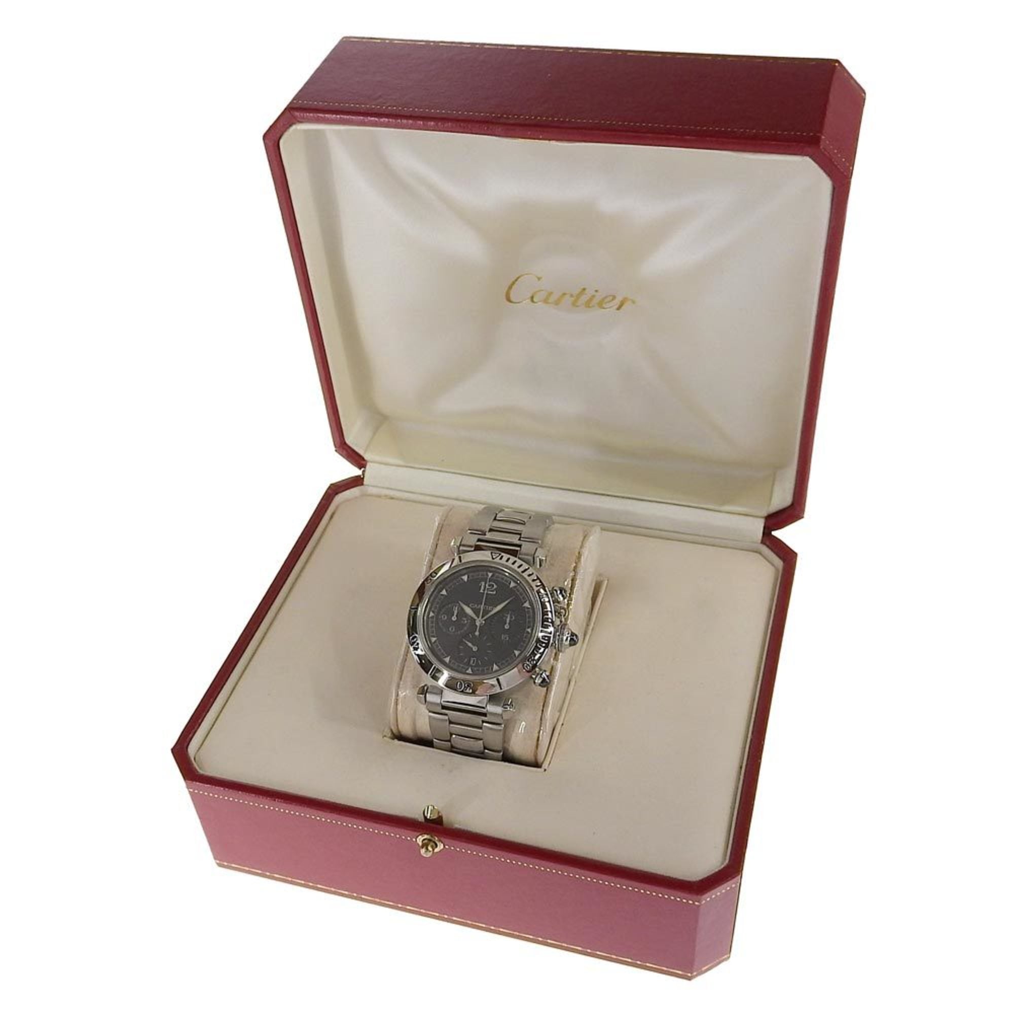 Cartier Pasha herenhorloge, kaliber 205, W3107355, roestvrij staal, automatische chronograaf, grijze wijzerplaat, doorzichtige achterkant