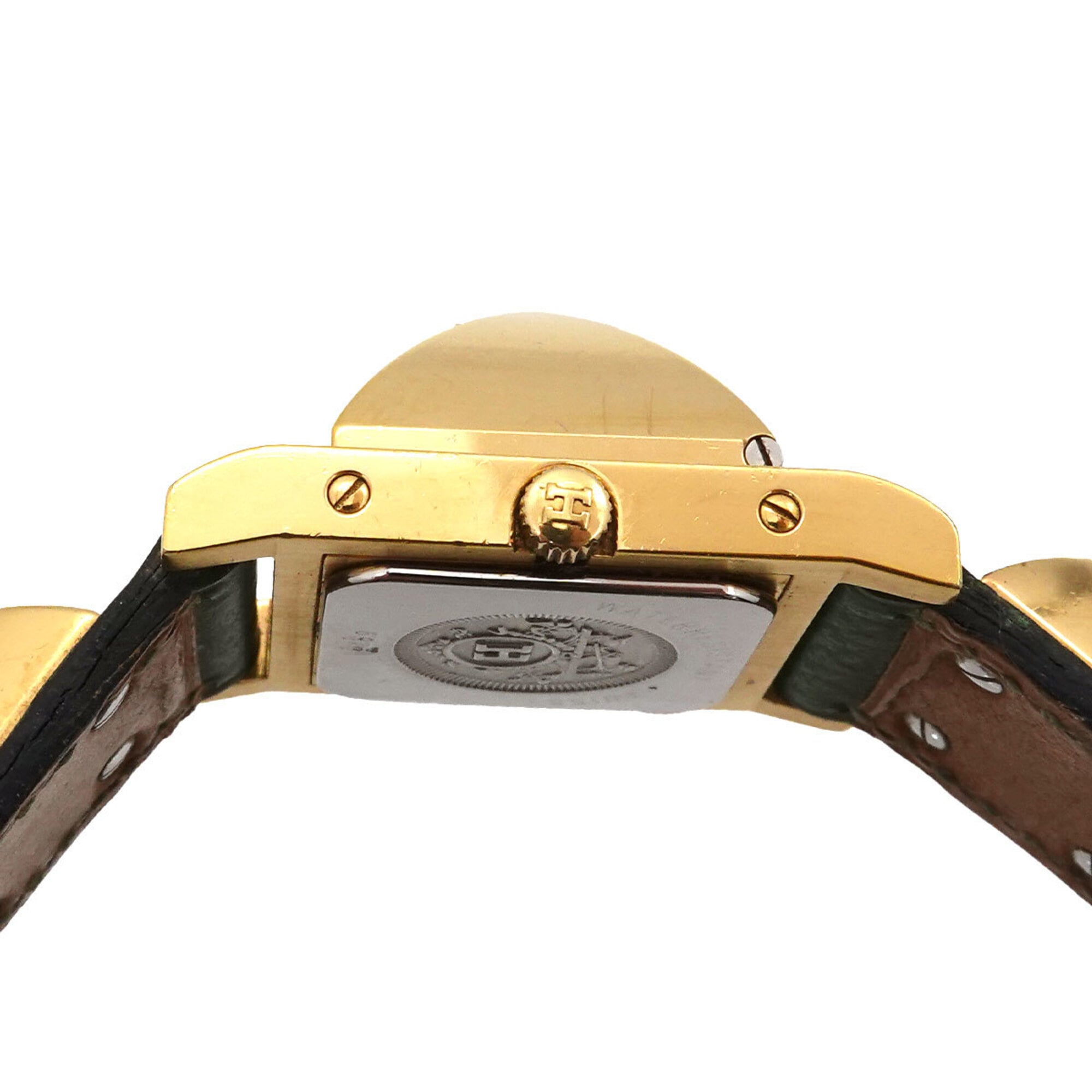 Hermes Medor Women's Watch, Pyramid Design, Gold Studs, White and Green Leather Strap, Quartz Movement.