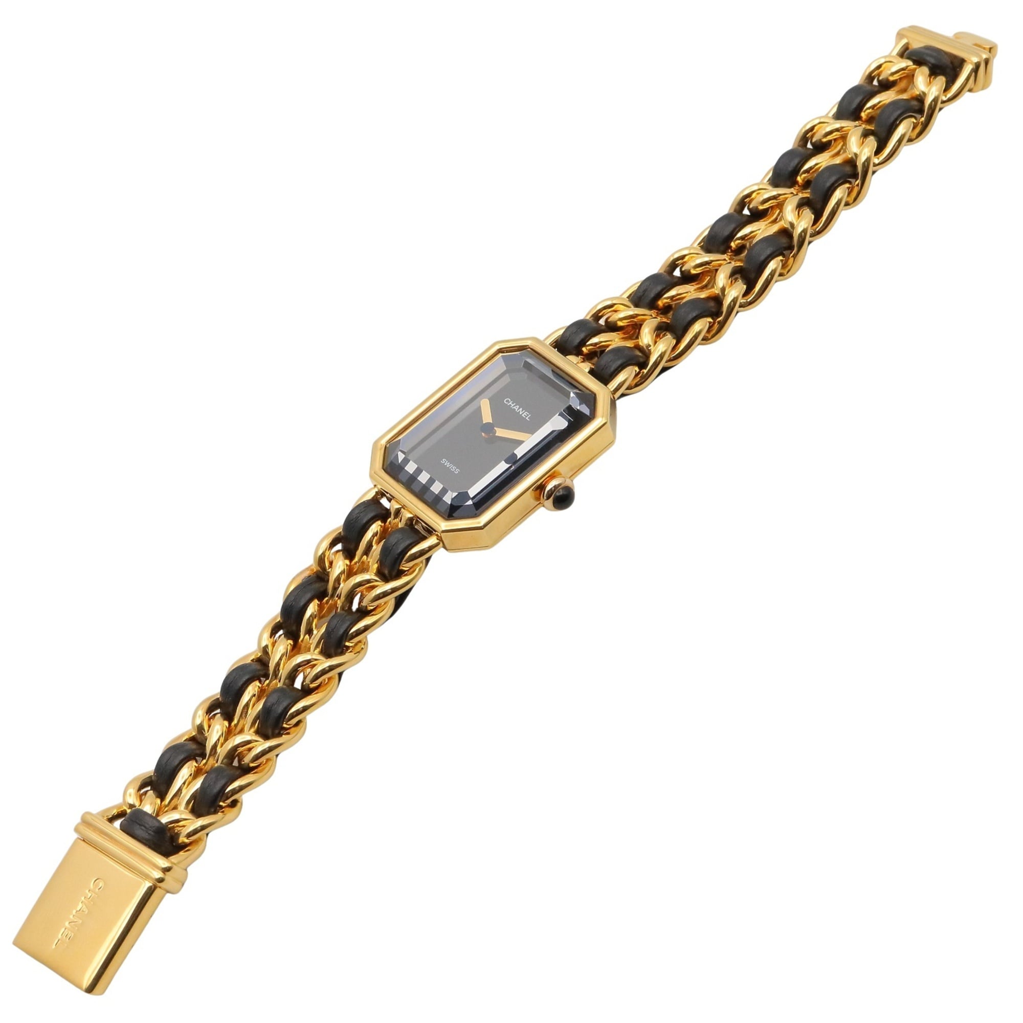 Montre Chanel CHANEL Première S, plaquée or (GP), bracelet en cuir, pour femme, Noir, H0001