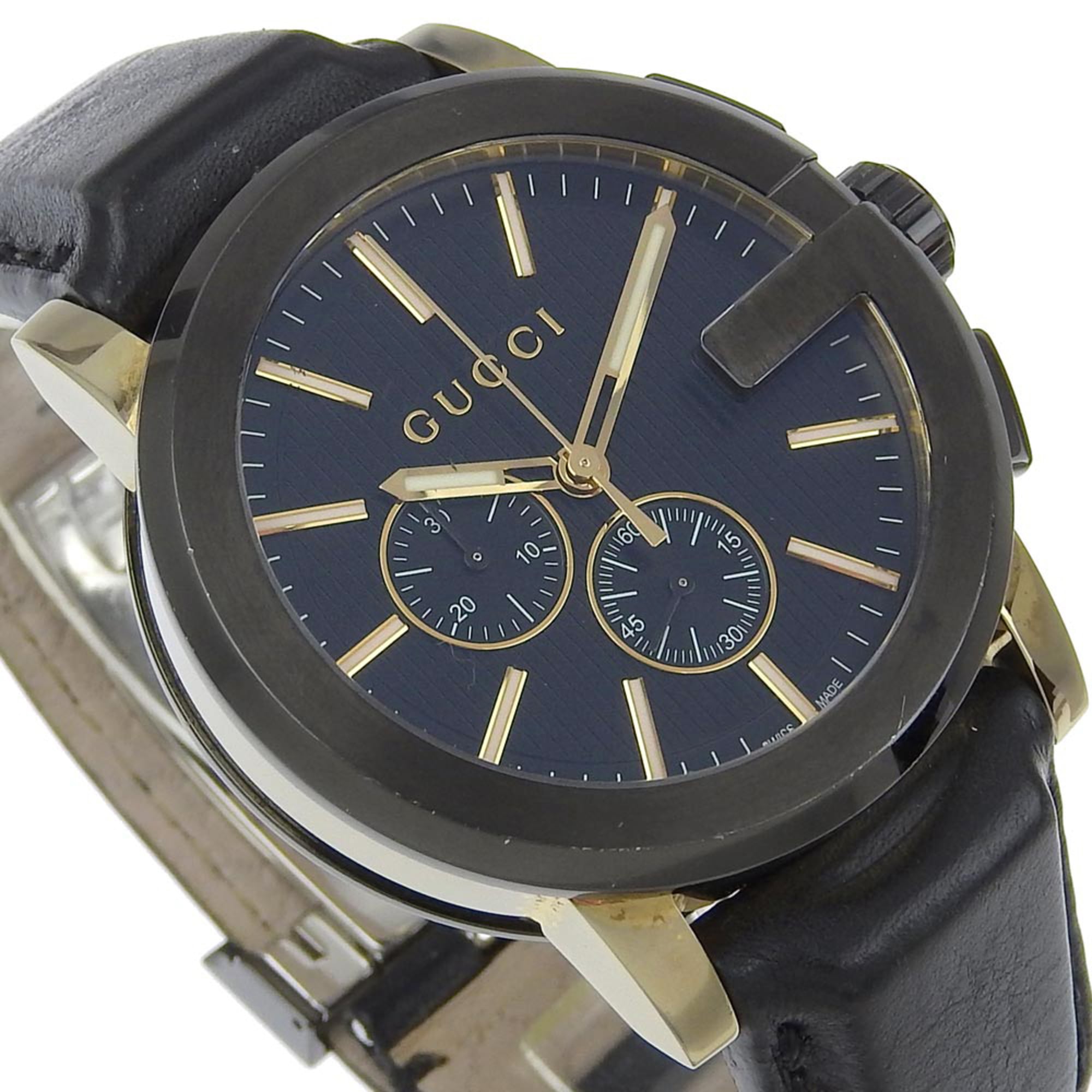 Gucci G Chrono 101.2 roestvrijstalen en reliëfleer quartz-chronograafhorloge, zwarte wijzerplaat, herenmodel