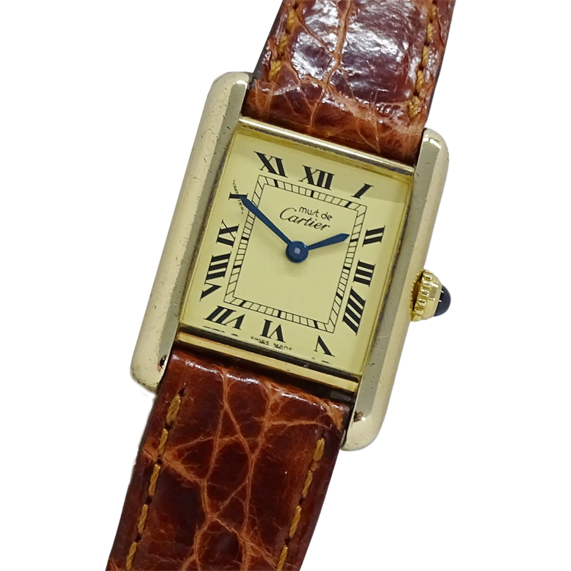 Cartier women's watch, Must Tank SM, vermeil quartz, 925 leather, W1003153, square shape.
