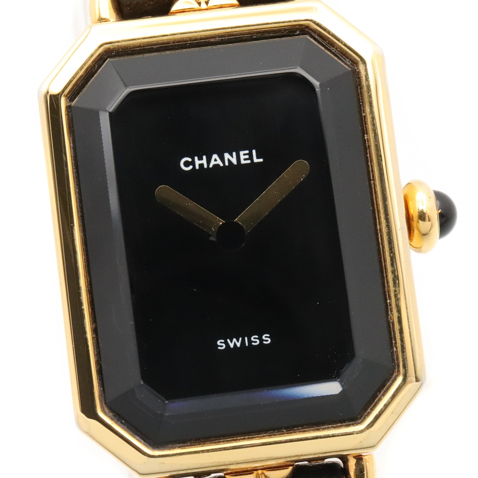 Chanel CHANEL Première S Gold Plated (GP) Leather Strap Wo Black H0001
