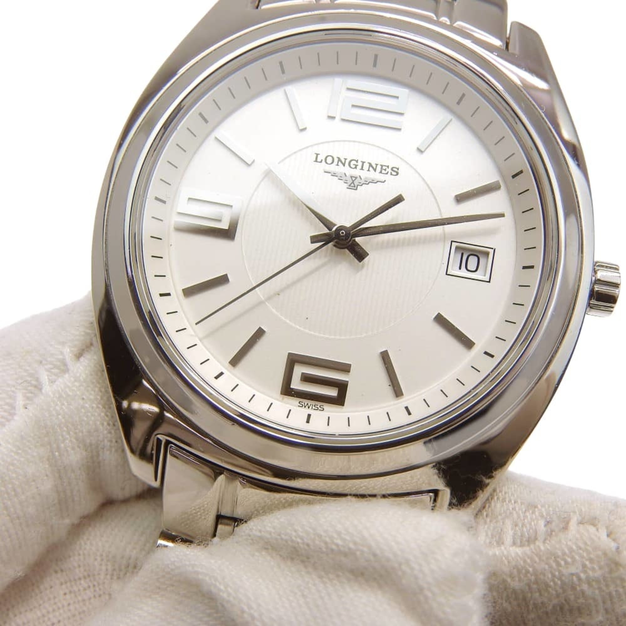 Longines Conquest-horloge L3.632.4, roestvrij staal, zilverkleurig, quartz, analoog, witte wijzerplaat, herenhorloge.