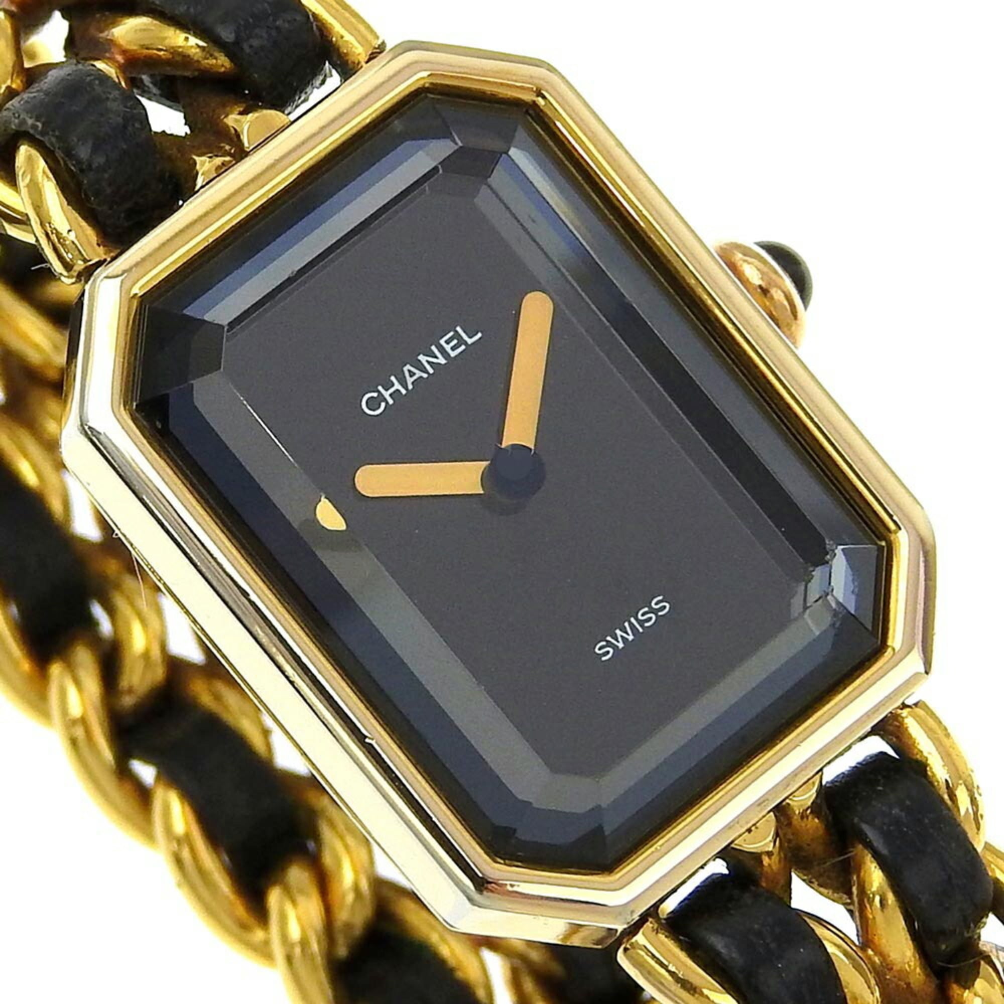 Chanel CHANEL Premiere L-horloge, verguld x leer, quartz, analoog display, zwarte wijzerplaat, dames
