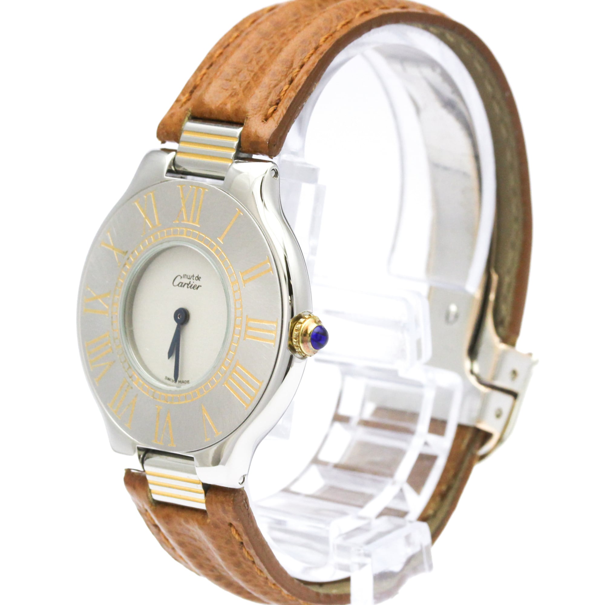 CARTIER Must 21 Gold Plated Steel Leather Quartz Unisex Watch Polished