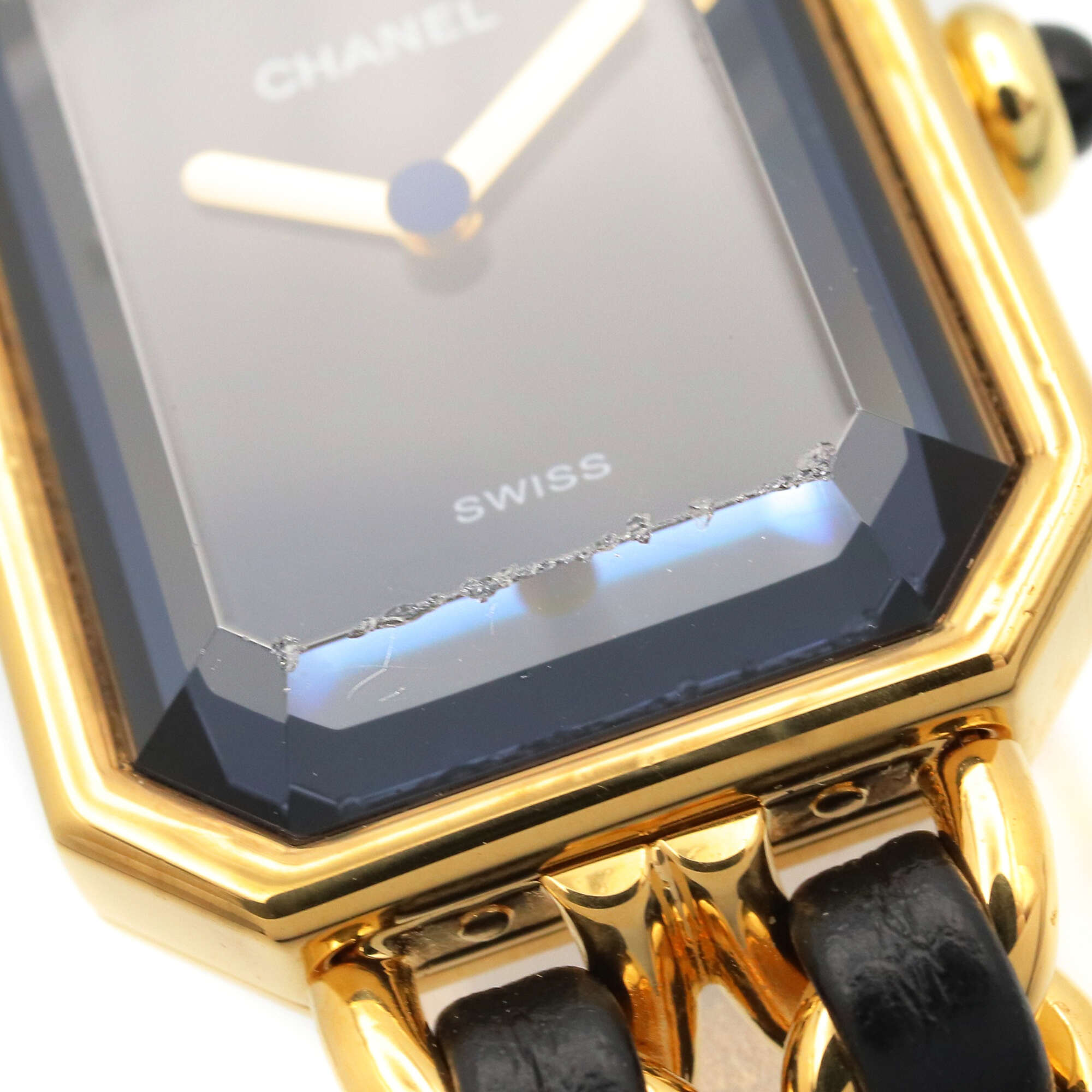 Montre Chanel CHANEL Première XL, plaquée or (GP), bracelet en cuir, pour femme, Noir, H0001