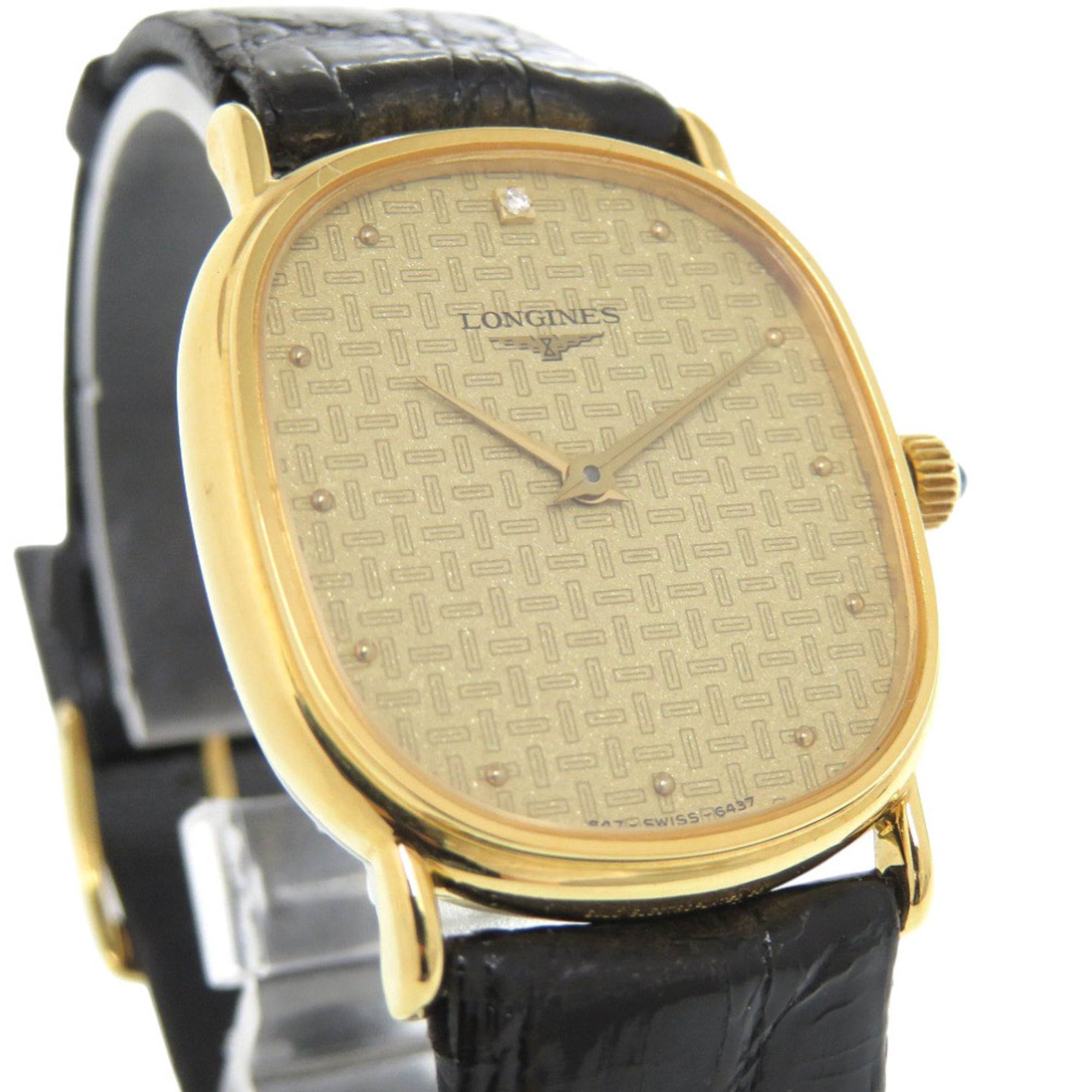 Longines 0037 in nieuwstaat, met één diamant, handopwinding, roestvrij staal, leer, goud en zwart.