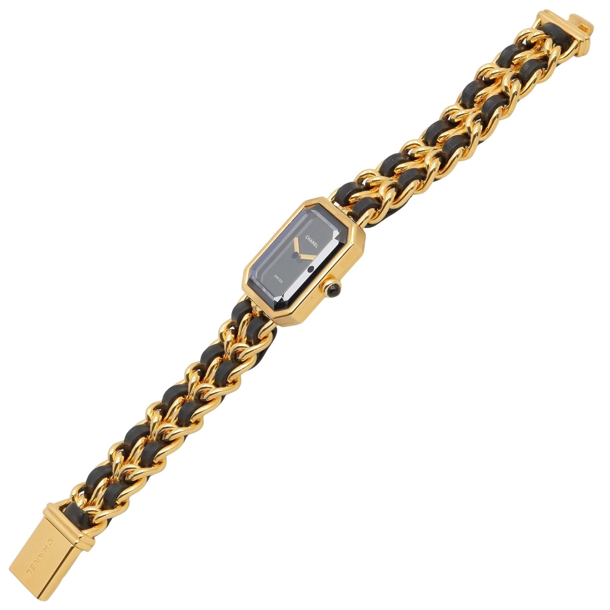 Montre-bracelet Chanel CHANEL Première M, plaquée or (GP), bracelet en cuir, pour femme, Noir, H0001