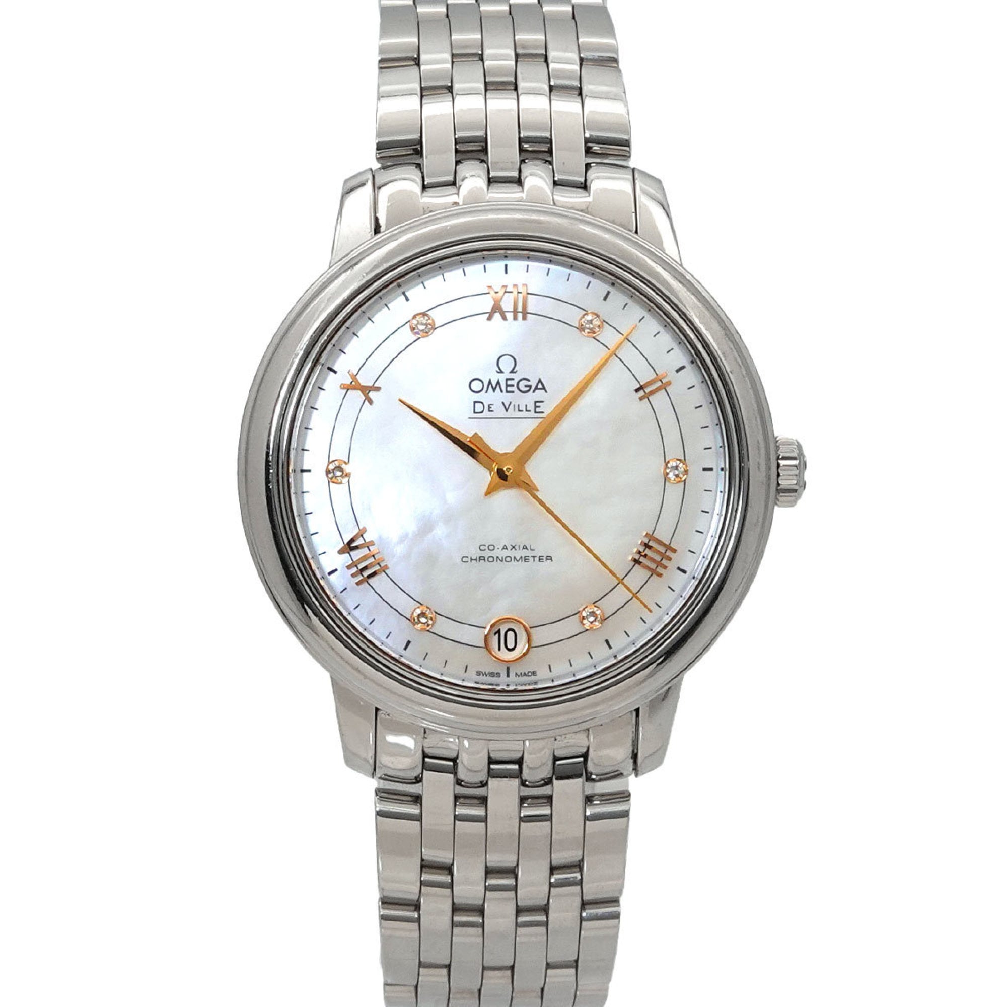 OMEGA DeVille Prestige 424 10 33 20 55 002 Women's Watch with Date Display, 6 Diamonds, White Shell, and Automatic Movement