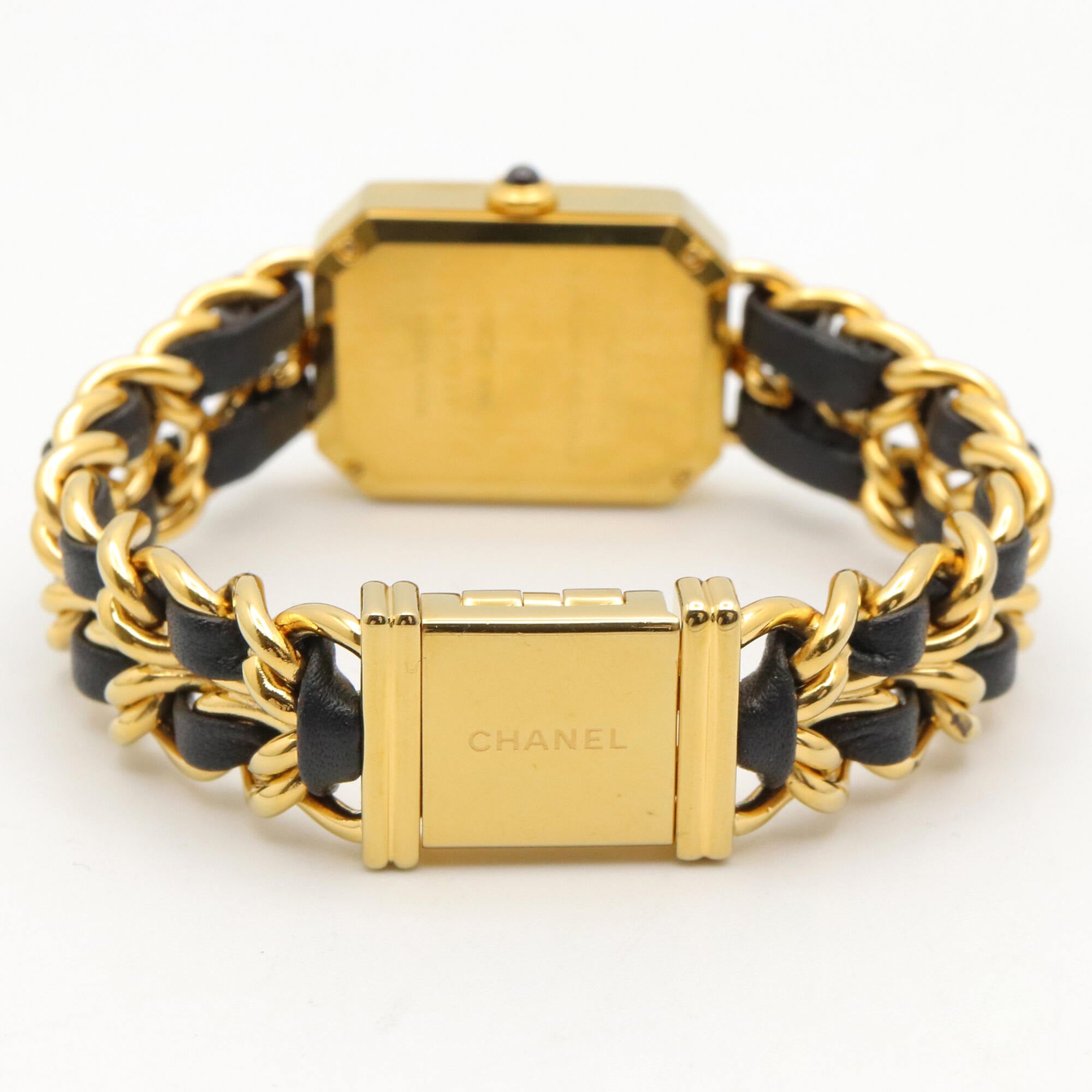 Montre Chanel Première Original Edition M, bracelet en cuir plaqué or, pour femme, Noir, H6951
