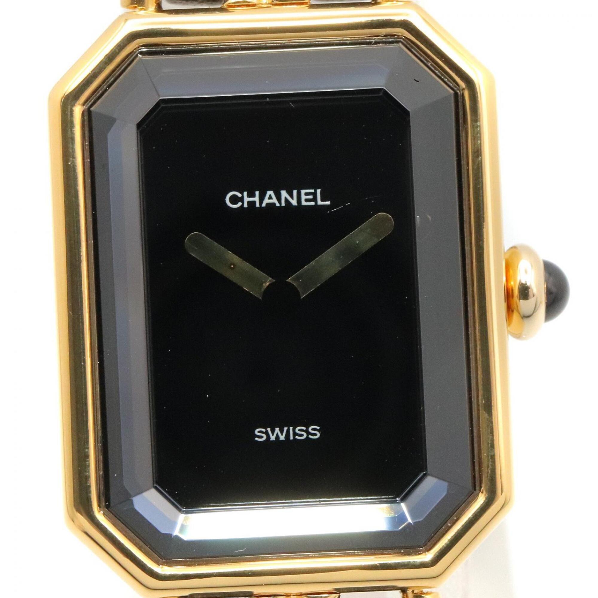 Montre-bracelet Chanel CHANEL Première M, plaquée or (GP), bracelet en cuir, pour femme, Noir, H0001