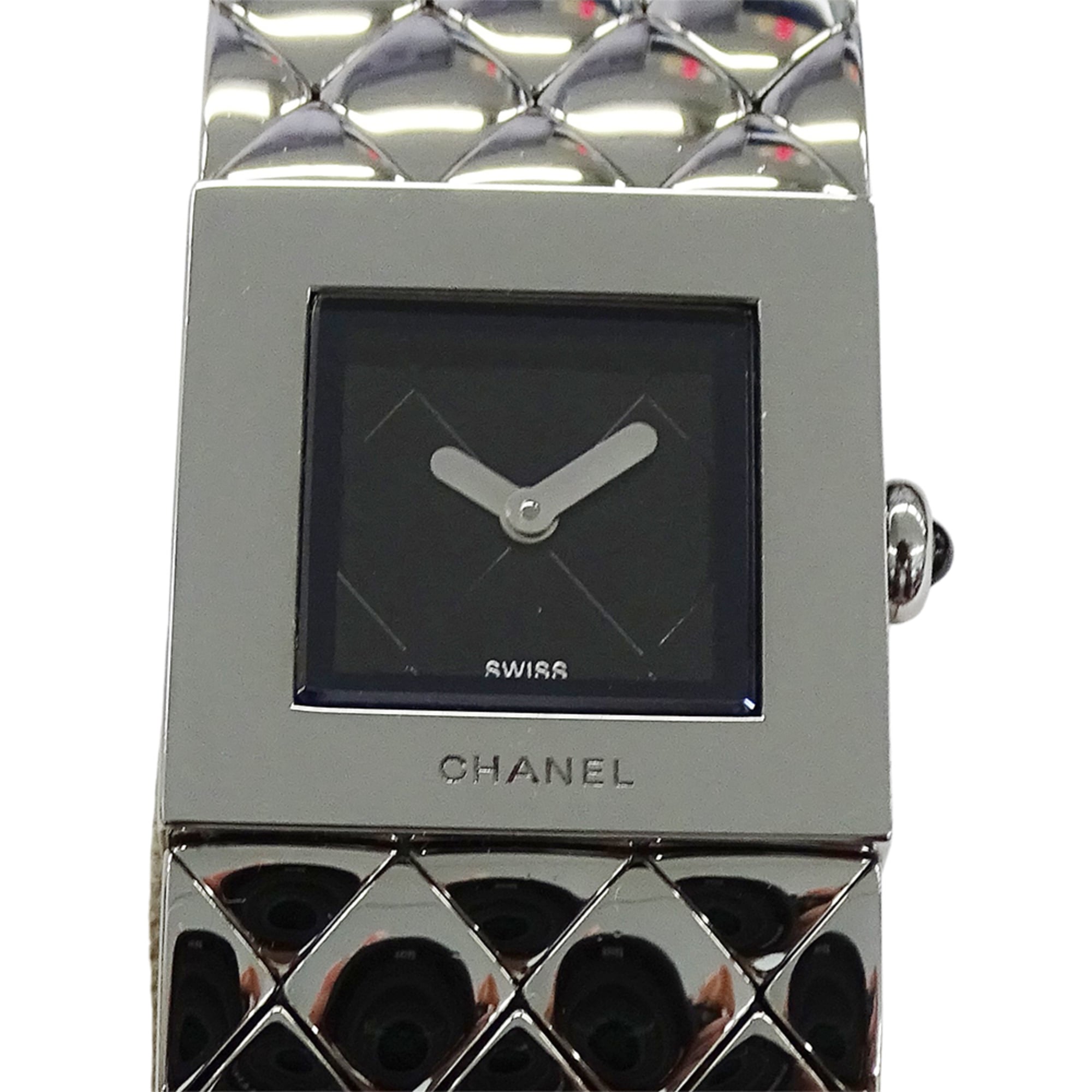 Chanel women's watch, brand name, Matelassa, quartz, stainless steel (SS), H0009, silver, black, square.