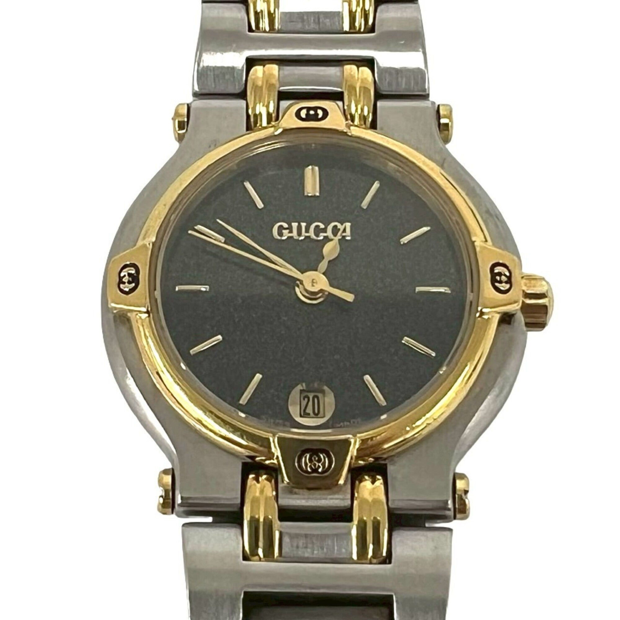 GUCCI 9000L Logo Engraved Stainless Steel Quartz Wrist Silver/Gold 37789
