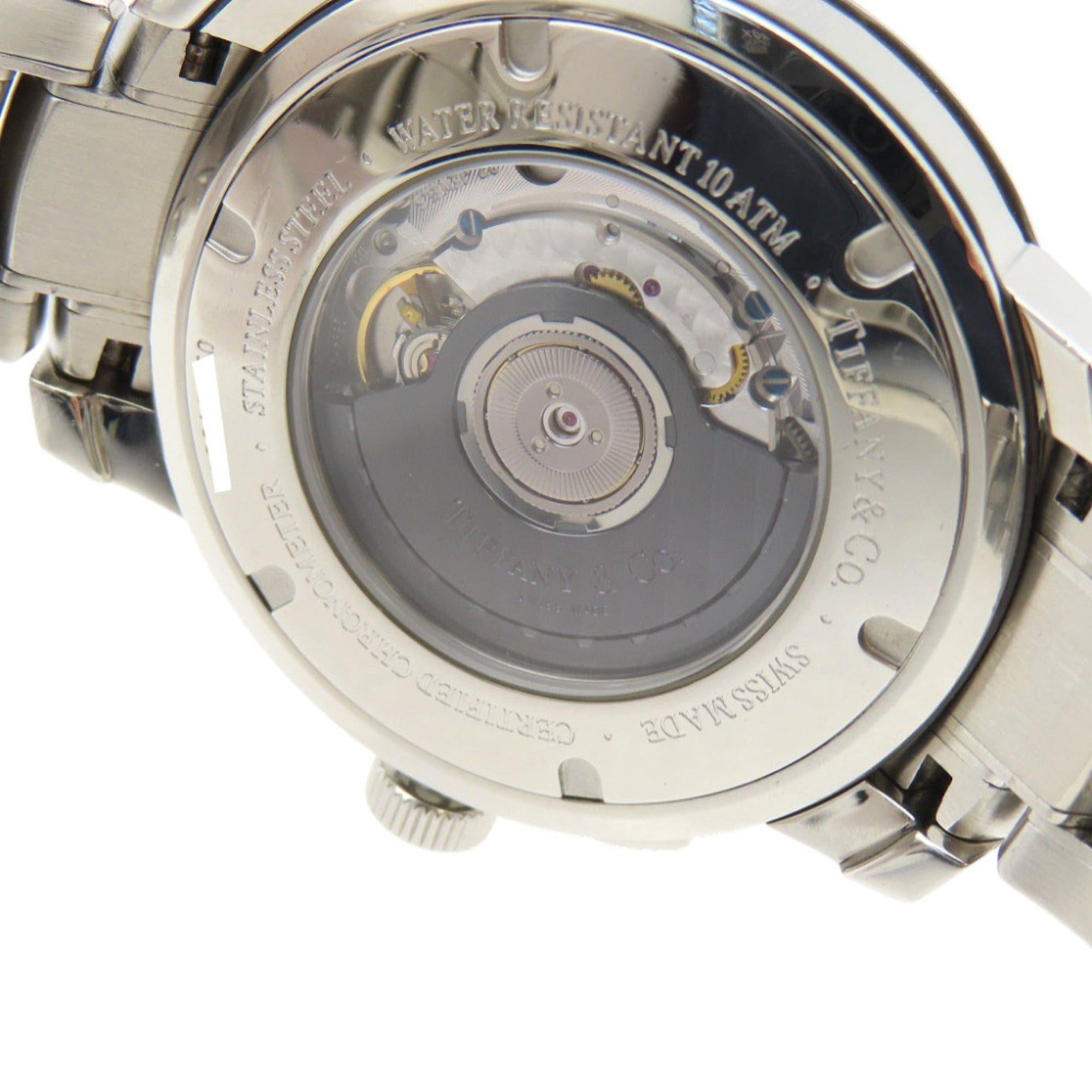 Tiffany & Co. T-57 chronograafhorloge met doorzichtige achterkant, automatisch, roestvrij staal, grijs, 0201, TIFFANY Co., heren