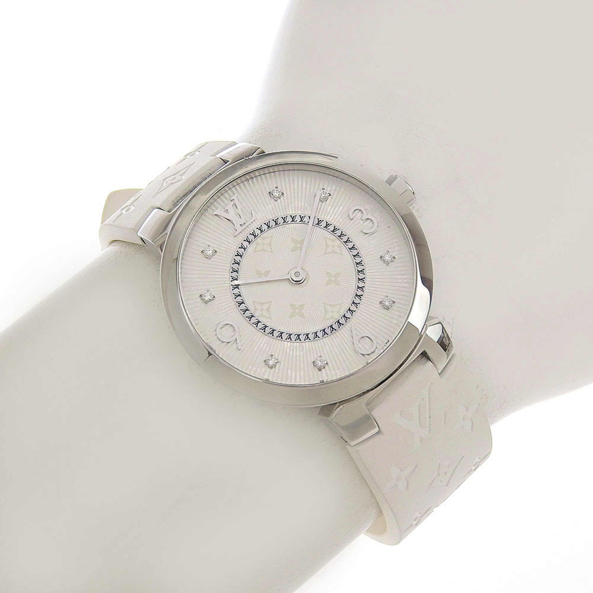 Zo goed als nieuw Louis Vuitton Tambour MM Q13MJ horloge met witte wijzerplaat en 8 diamanten, roestvrijstalen en rubberen kast, quartz uurwerk, 33 mm