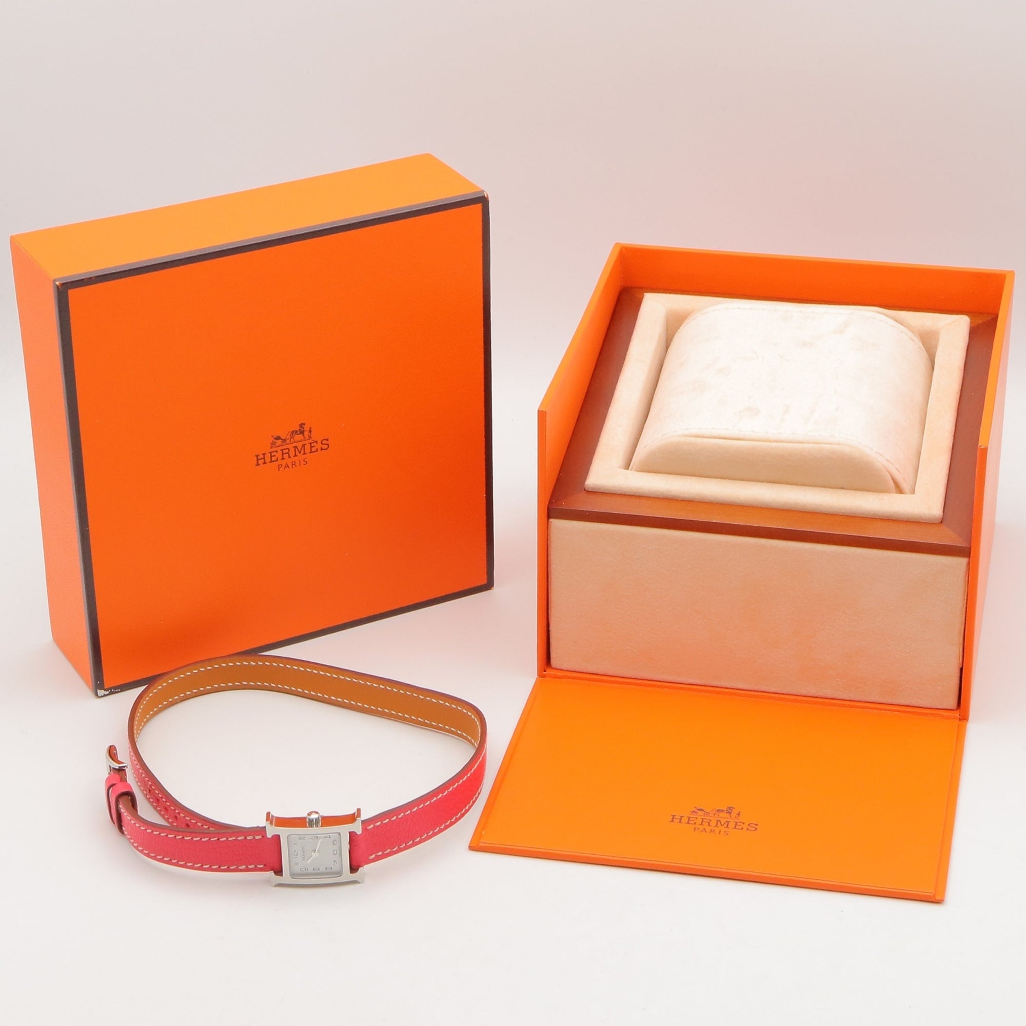 Montre-bracelet Hermès H-Watch Mini Double Tour, acier inoxydable, bracelet en cuir, pour femme, Blanc (HH1.110)