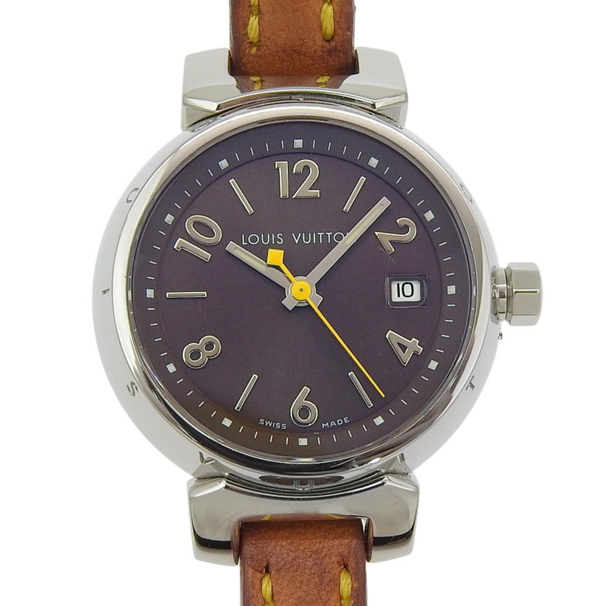 Louis Vuitton Tambour Watch Q1211, Stainless Steel and Leather Quartz Movement, Analog Display, Black Dial, Women's