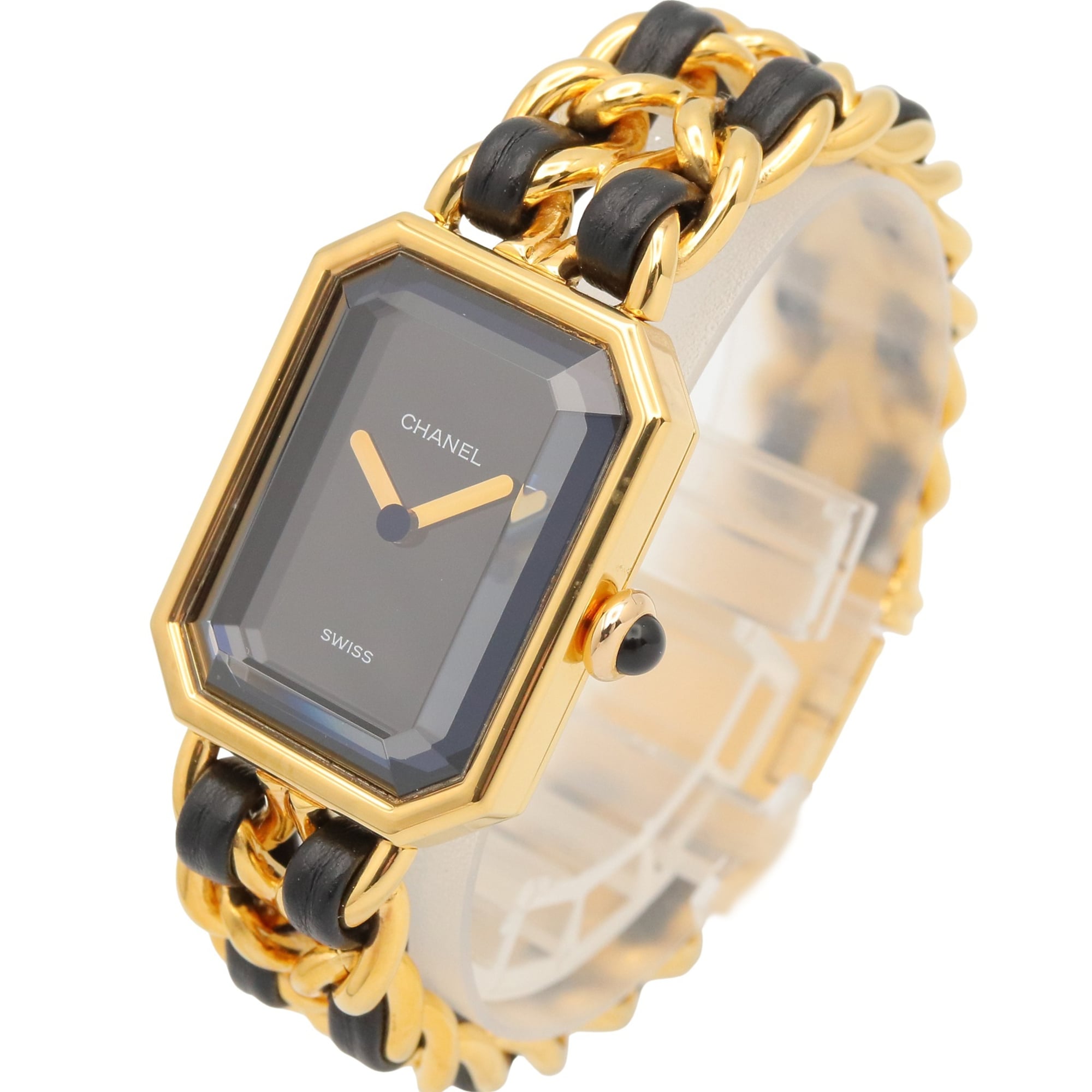 Chanel CHANEL Première S Watch, Gold Plated (GP), Leather Strap, Women's, Black, H0001