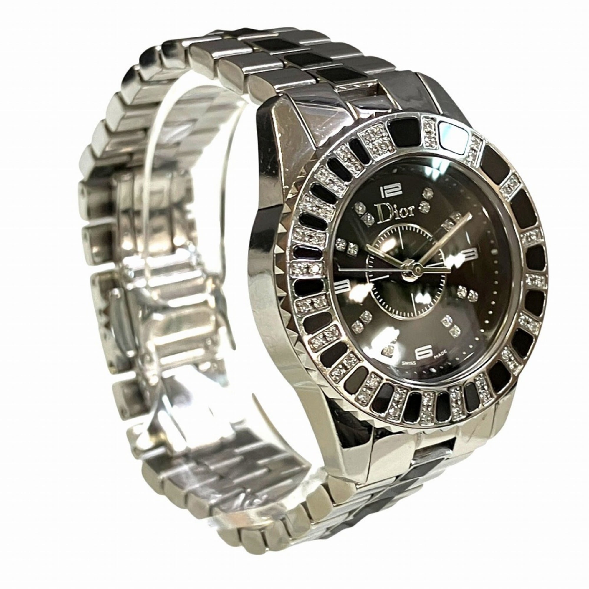 Christian Dior-horloge met kristallen en diamanten rand, totaalgewicht 75,8 g, roestvrij staal, quartz, zwarte wijzerplaat, CD112116M001