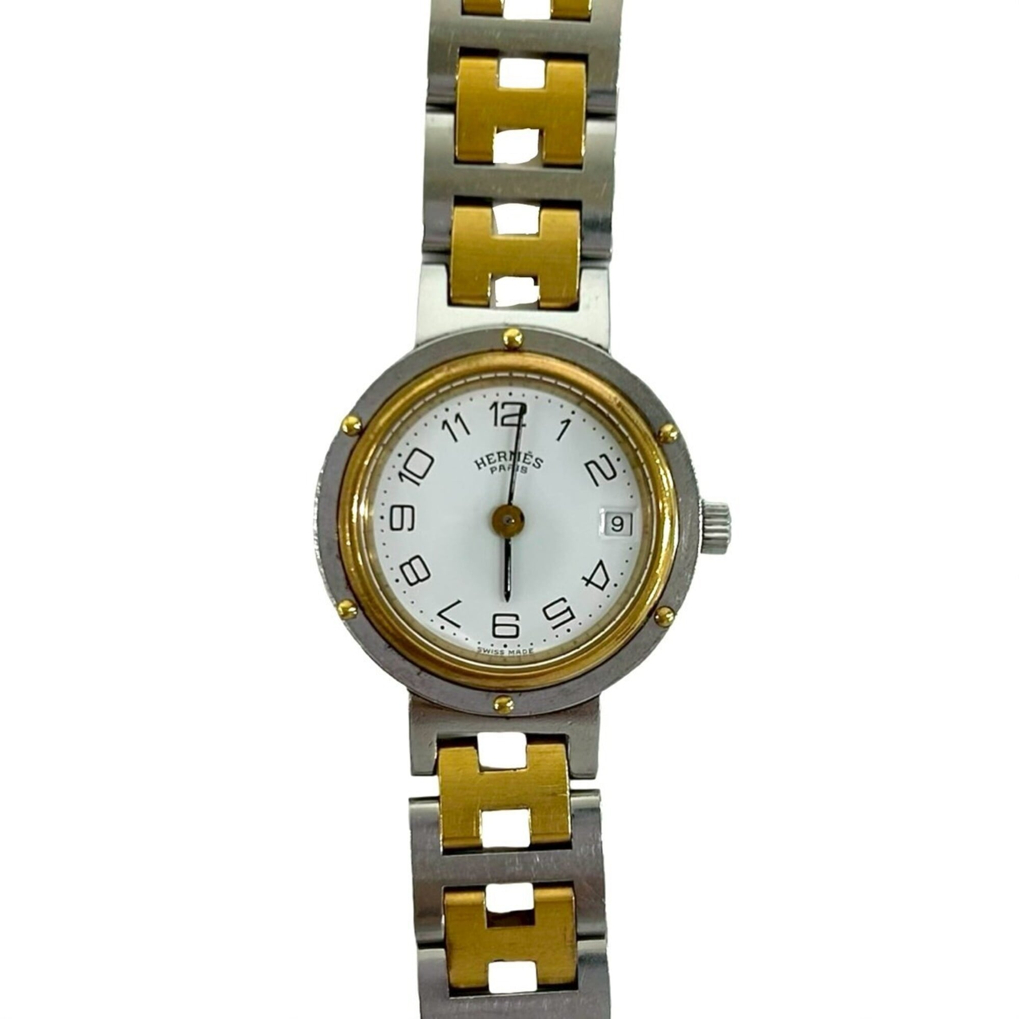 HERMES Vintage Clipper Logo Engraved Stainless Steel GP Wristwatch Silver Gold 40594