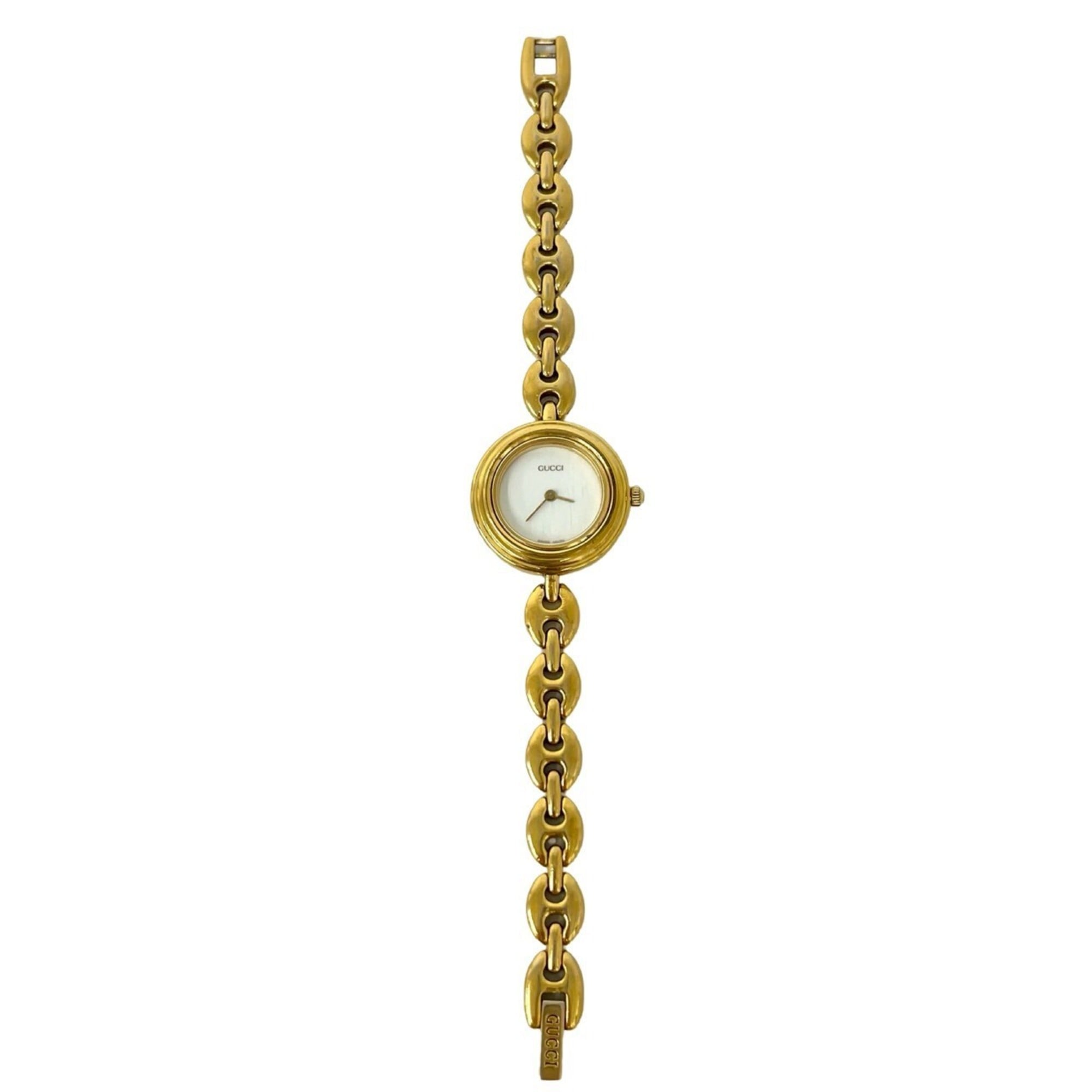 GUCCI Vintage Logo Engraved Chain GP Watch Wristwatch Gold White 36330