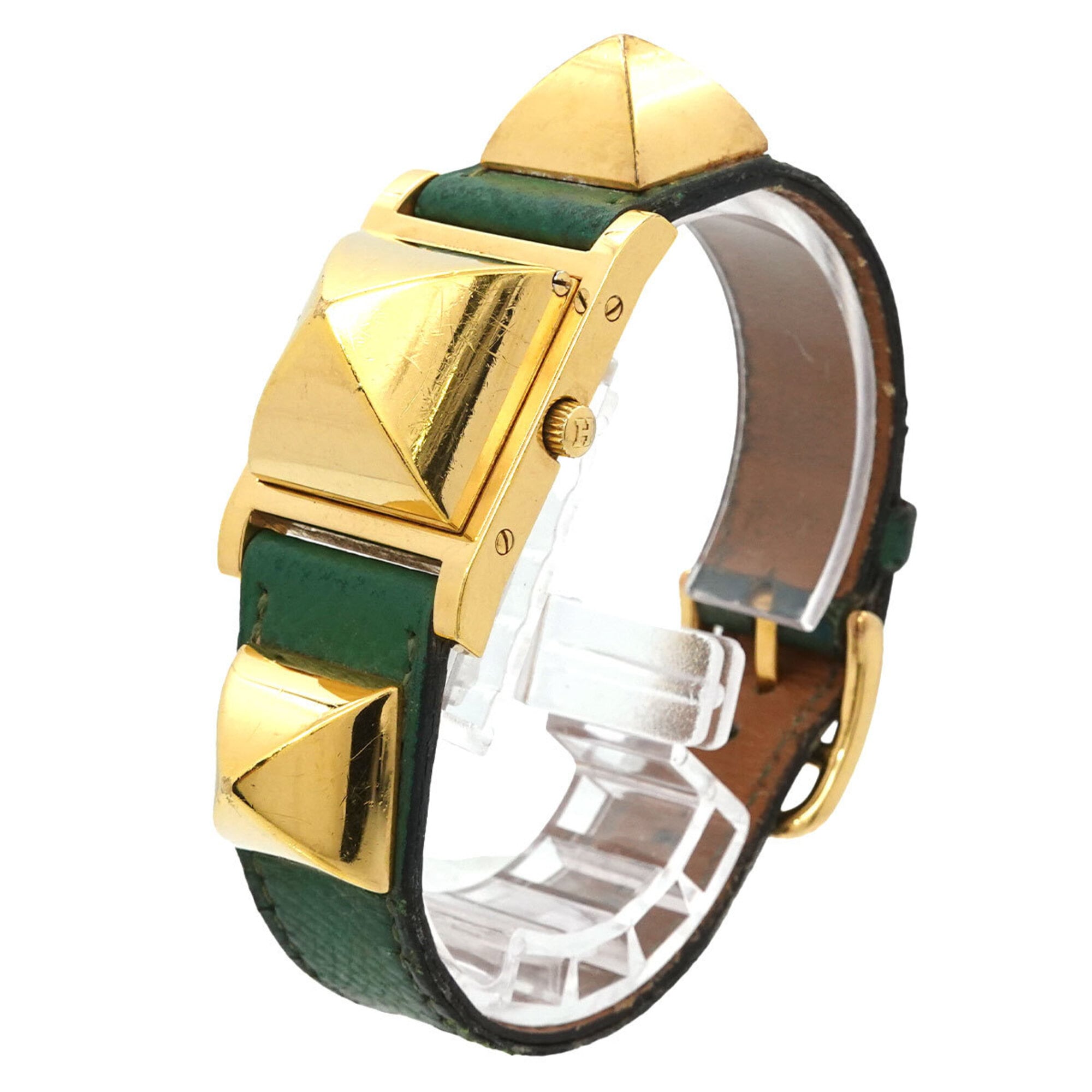 Hermes Medor Women's Watch, Pyramid Design, Gold Studs, White and Green Leather Strap, Quartz Movement.