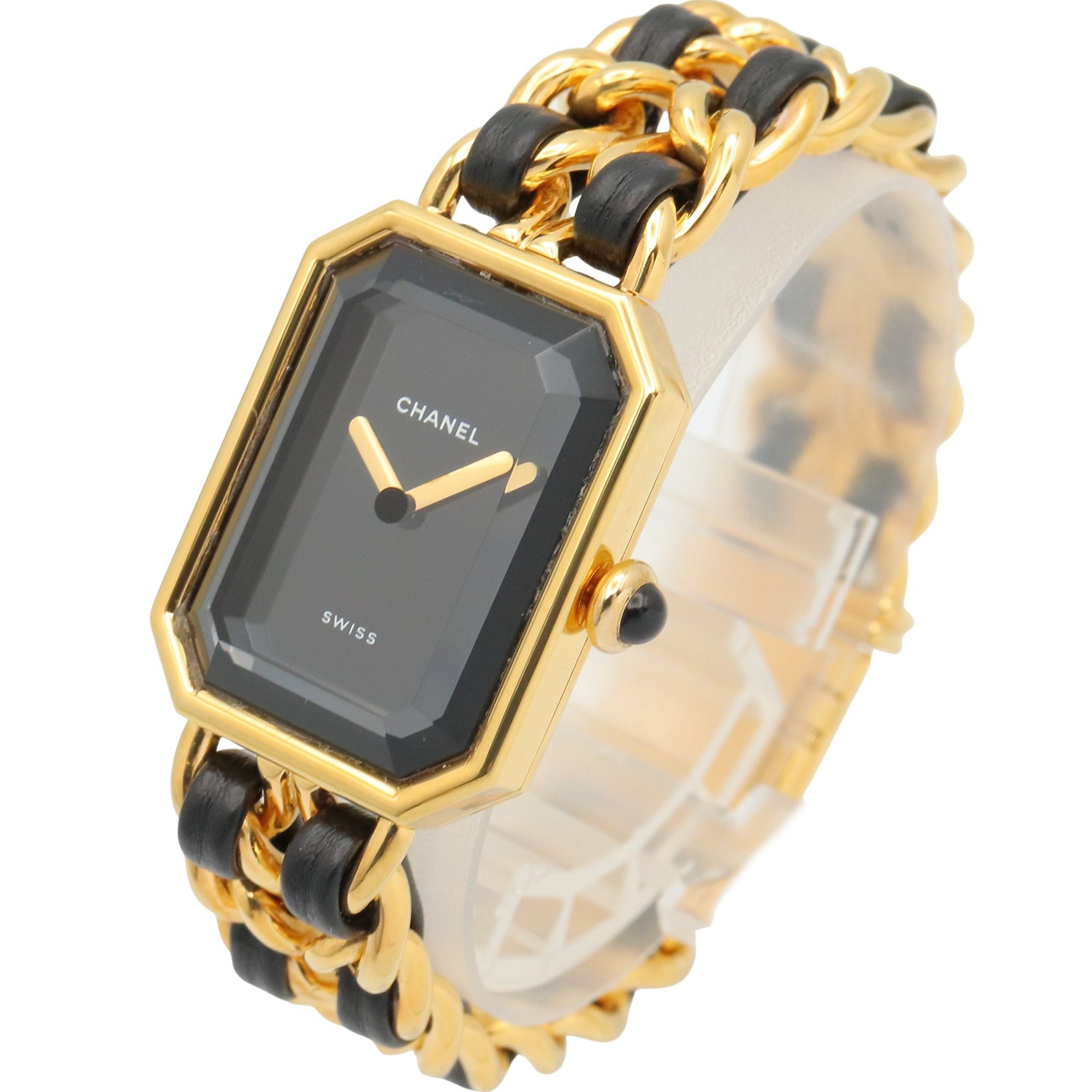 Chanel CHANEL Première S Watch, Gold Plated (GP), Leather Strap, Women's, Black, H0001