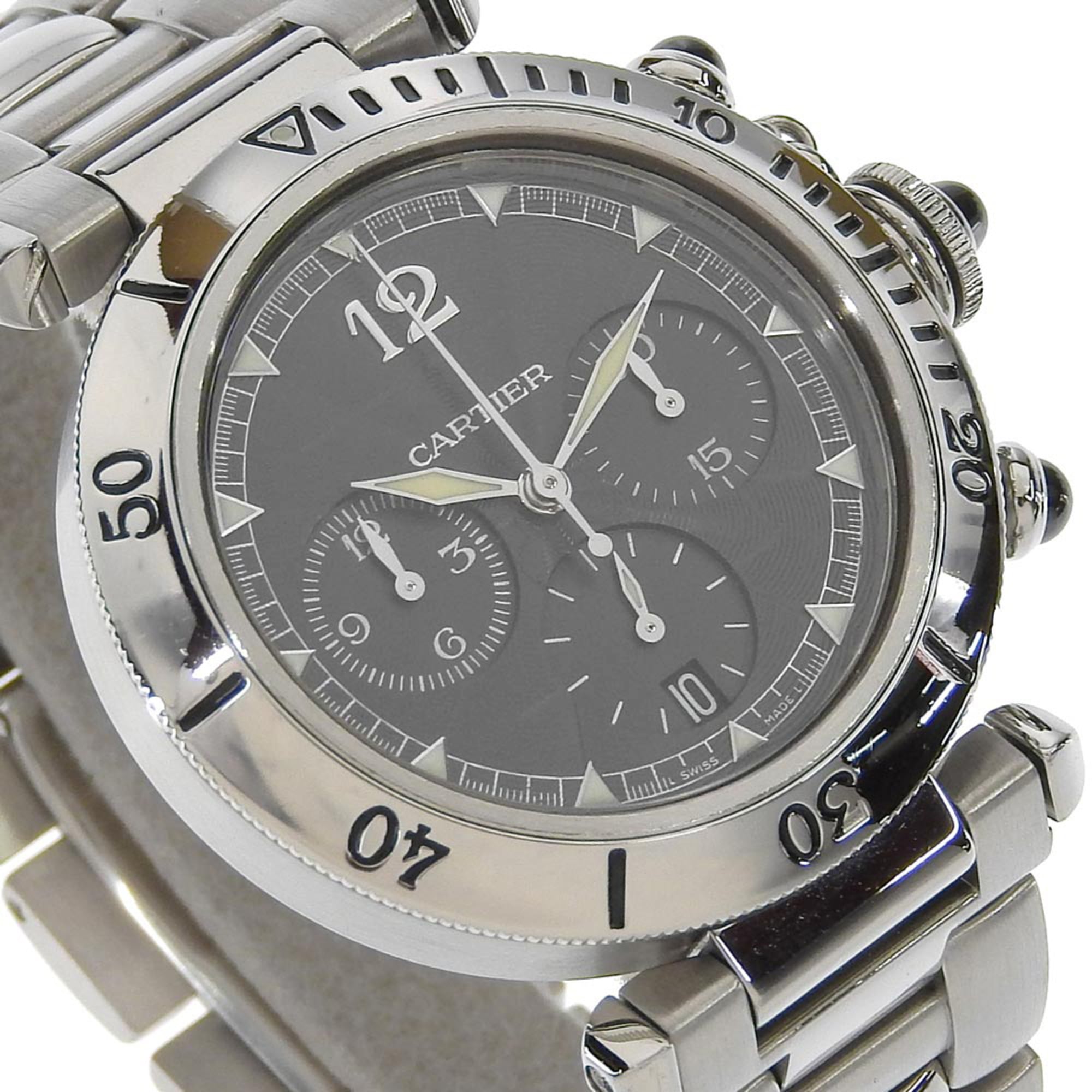 Cartier Pasha herenhorloge, kaliber 205, W3107355, roestvrij staal, automatische chronograaf, grijze wijzerplaat, doorzichtige achterkant