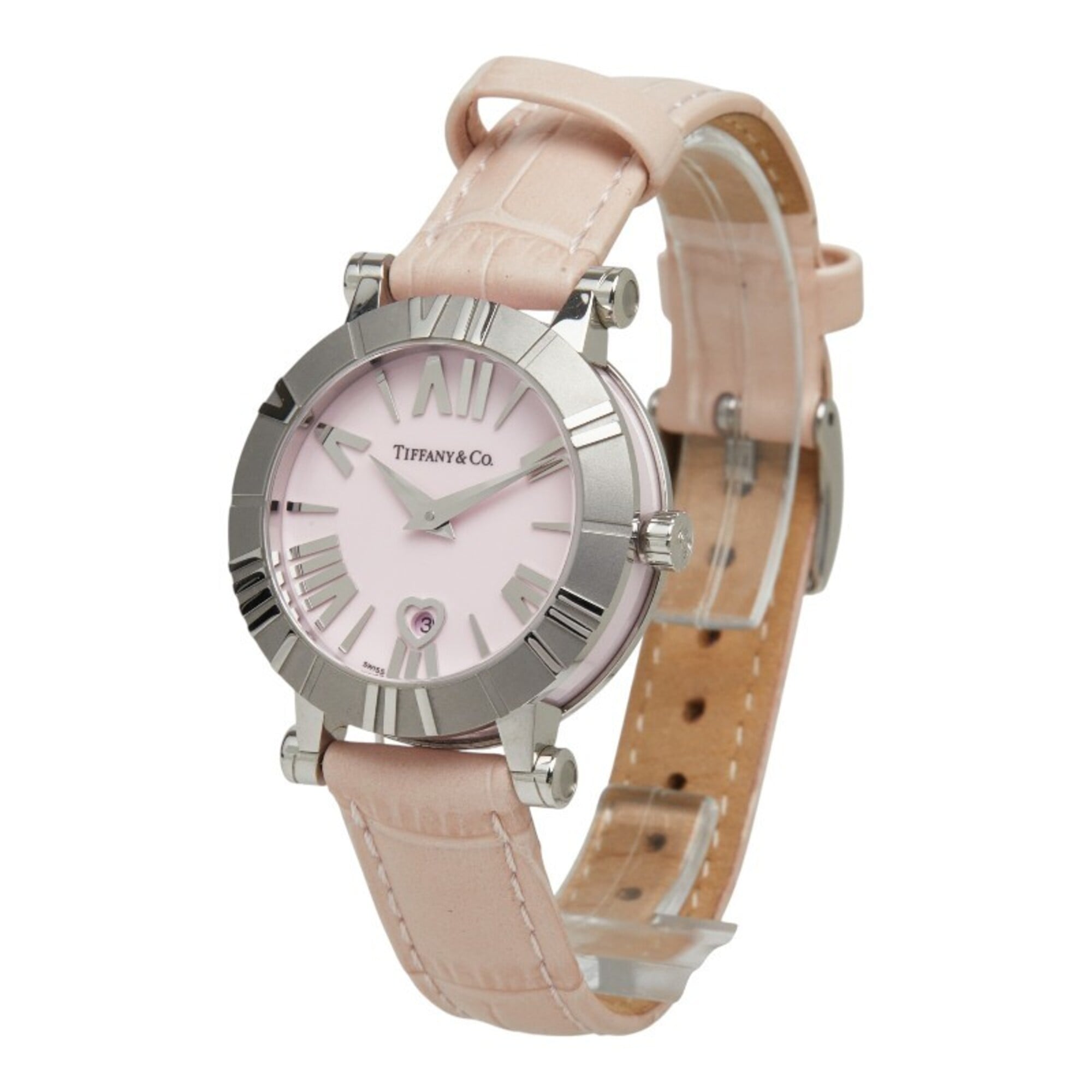 Tiffany & Co. Atlas Watch Z1300.11.11A31A41A Quartz Pink Dial Stainless Steel Leather Ceramic Ladies'