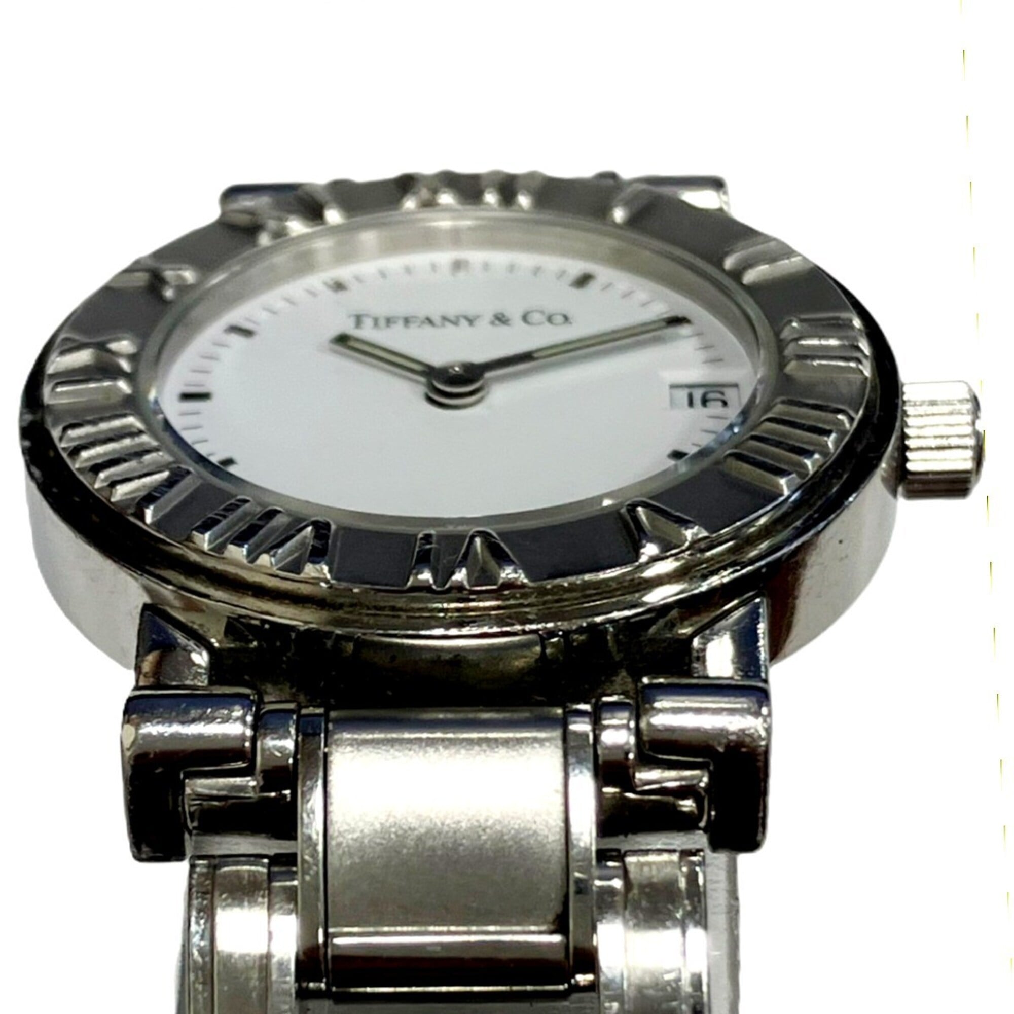Tiffany & Co. Atlas watch, total weight 53.8g, stainless steel, quartz movement, white dial.