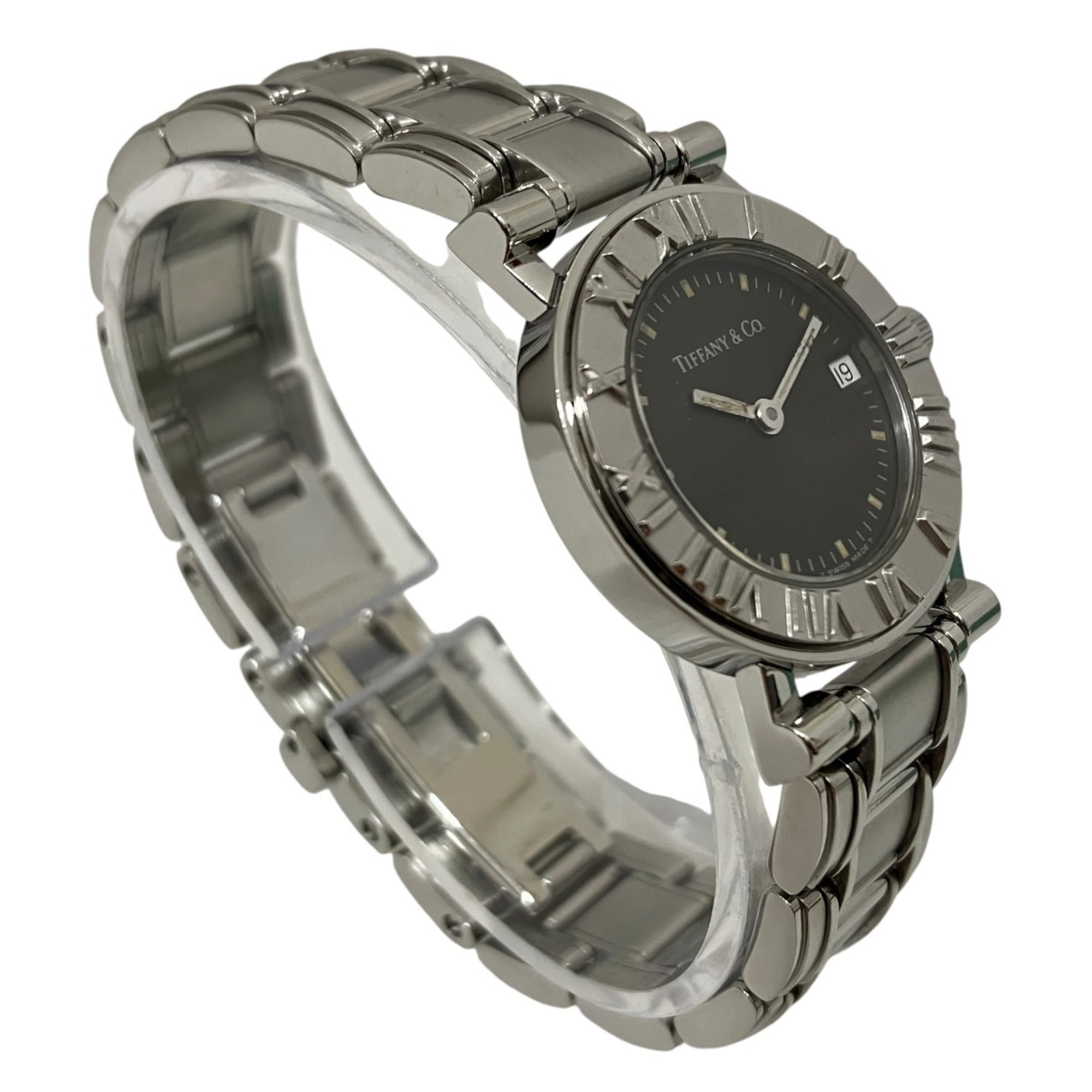 Tiffany & Co. Atlas watch, total weight 53.5g, stainless steel, quartz movement, black dial.