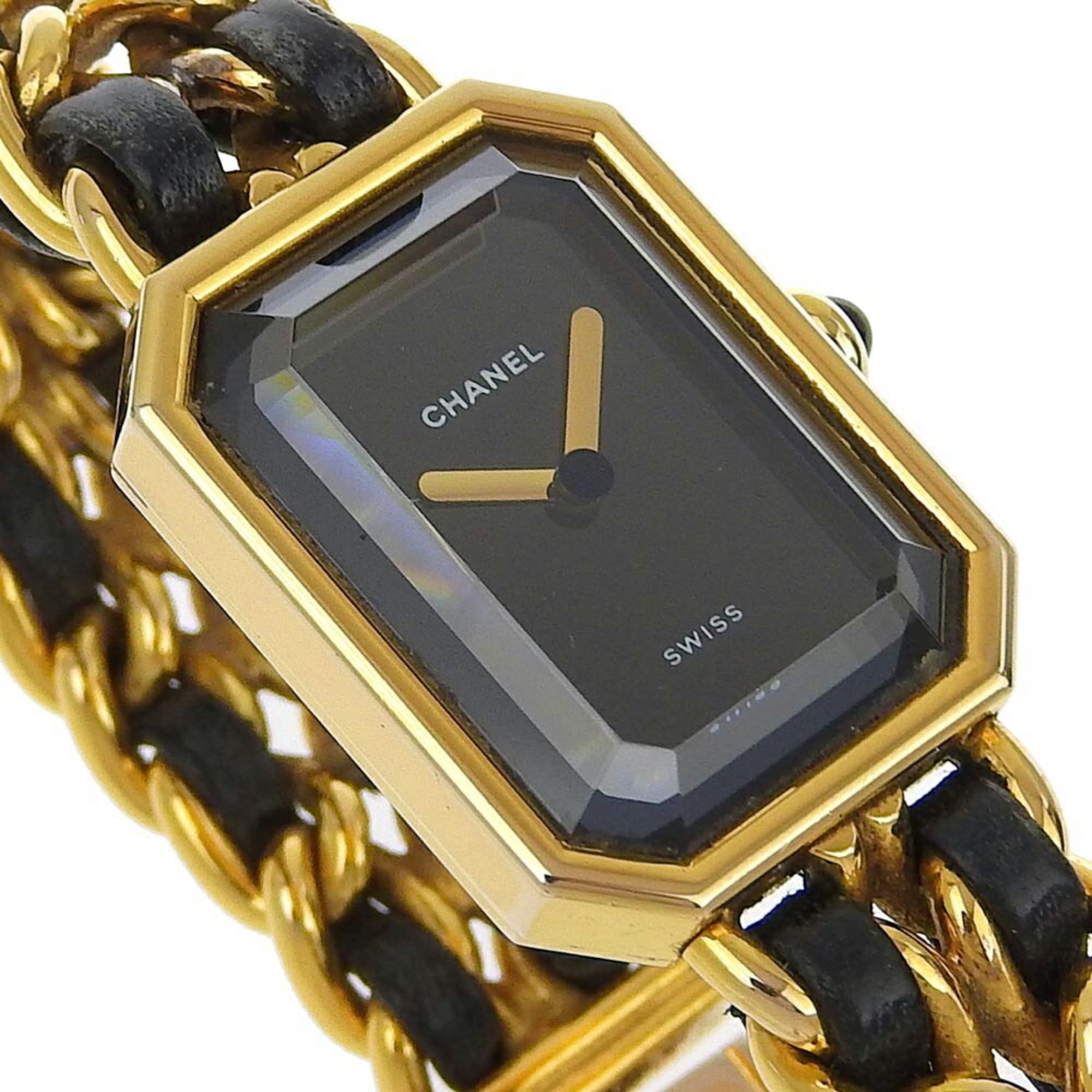 CHANEL Premiere L Uhr, Vergoldet x Leder, Quarz, analoge Anzeige, Schwarz Zifferblatt, L, Damenuhr
